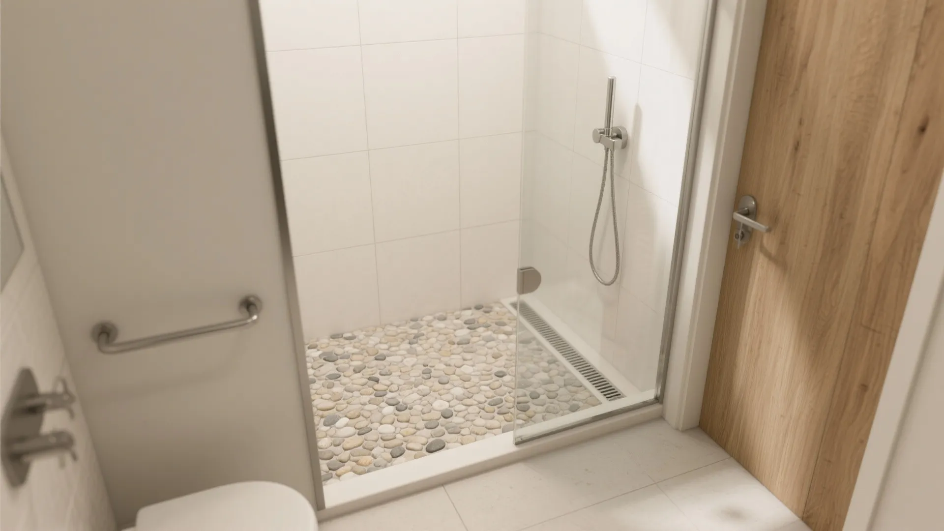 Curbless Walk-In: Pebbles for Grip and a Seamless Threshold