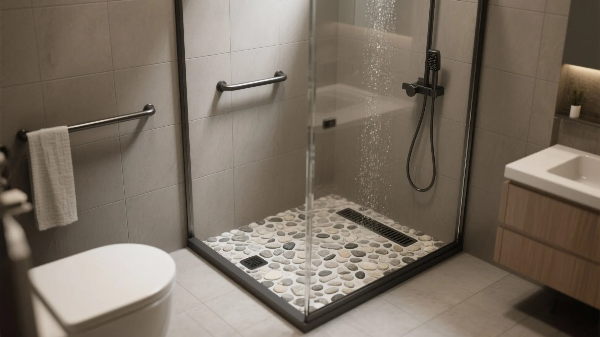 Curbless shower with flat-cut pebble tile floor and matte black linear drain.