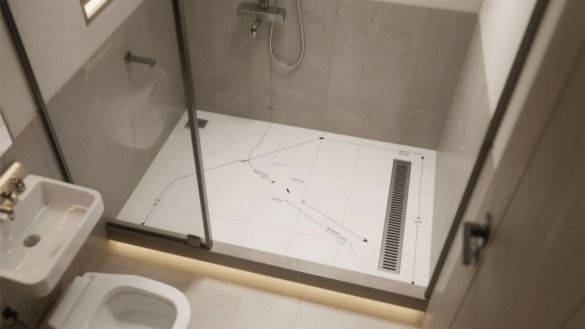 Top-down 3D visualization of a curbless shower showing floor slope and linear drain placement.