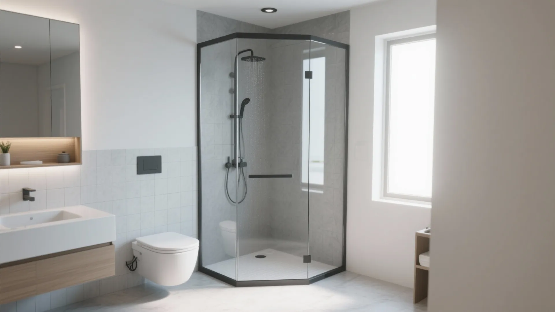 Bright bathroom featuring a glass shower door and wall mounted toilet with white floor tiles