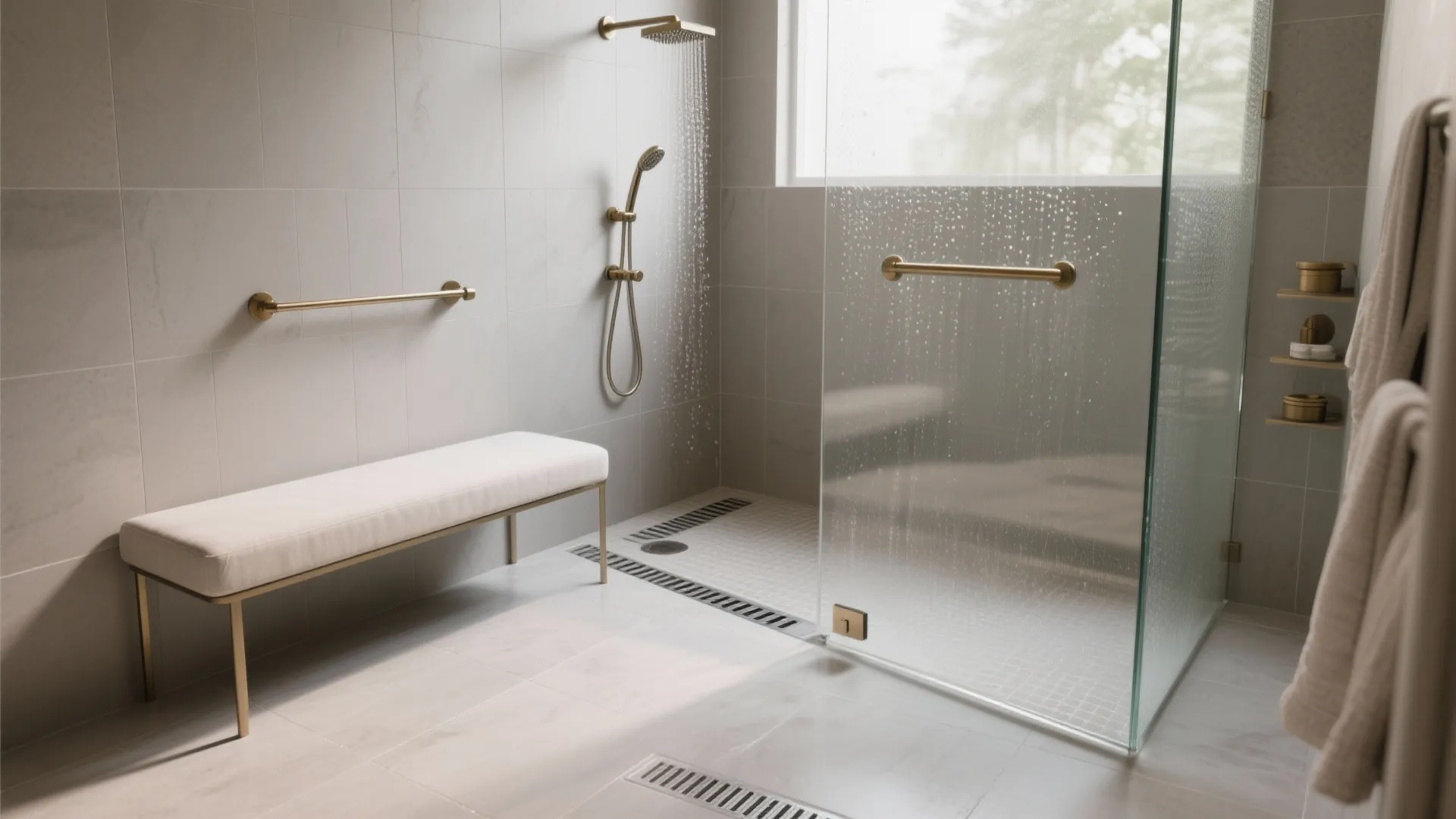 Curbless Wet-Room Shower with a Confidence-Boosting Bench