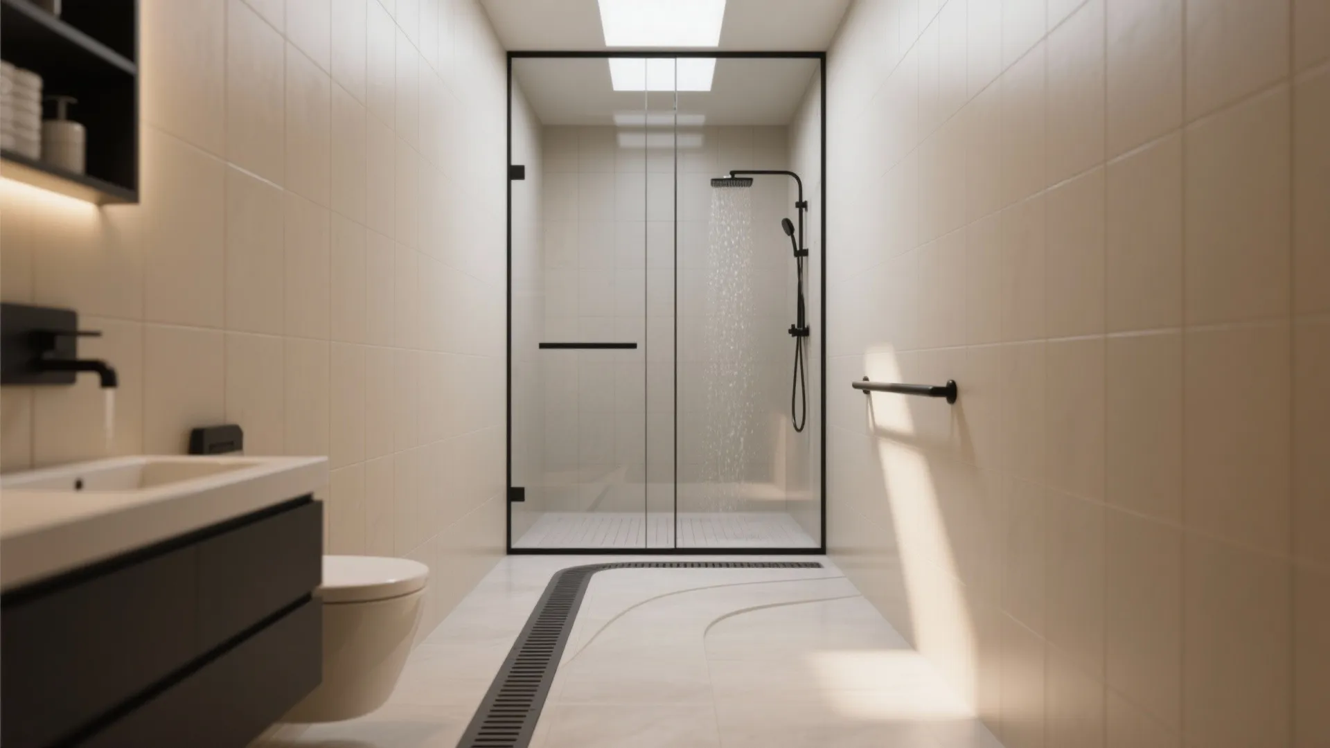 Modern bathroom with glass shower door black shower head white sink and simple floor drain