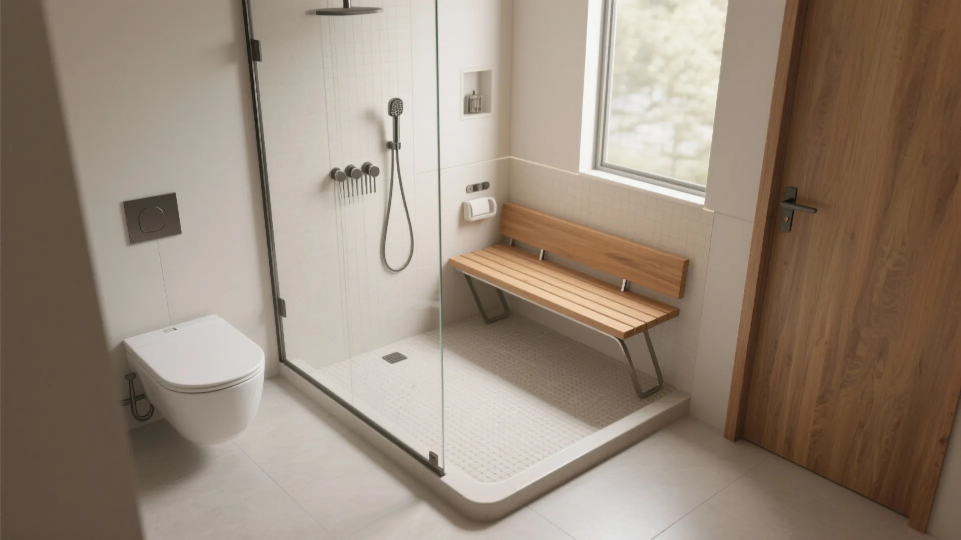 1. Curbless (walk-in) shower with a built-in bench