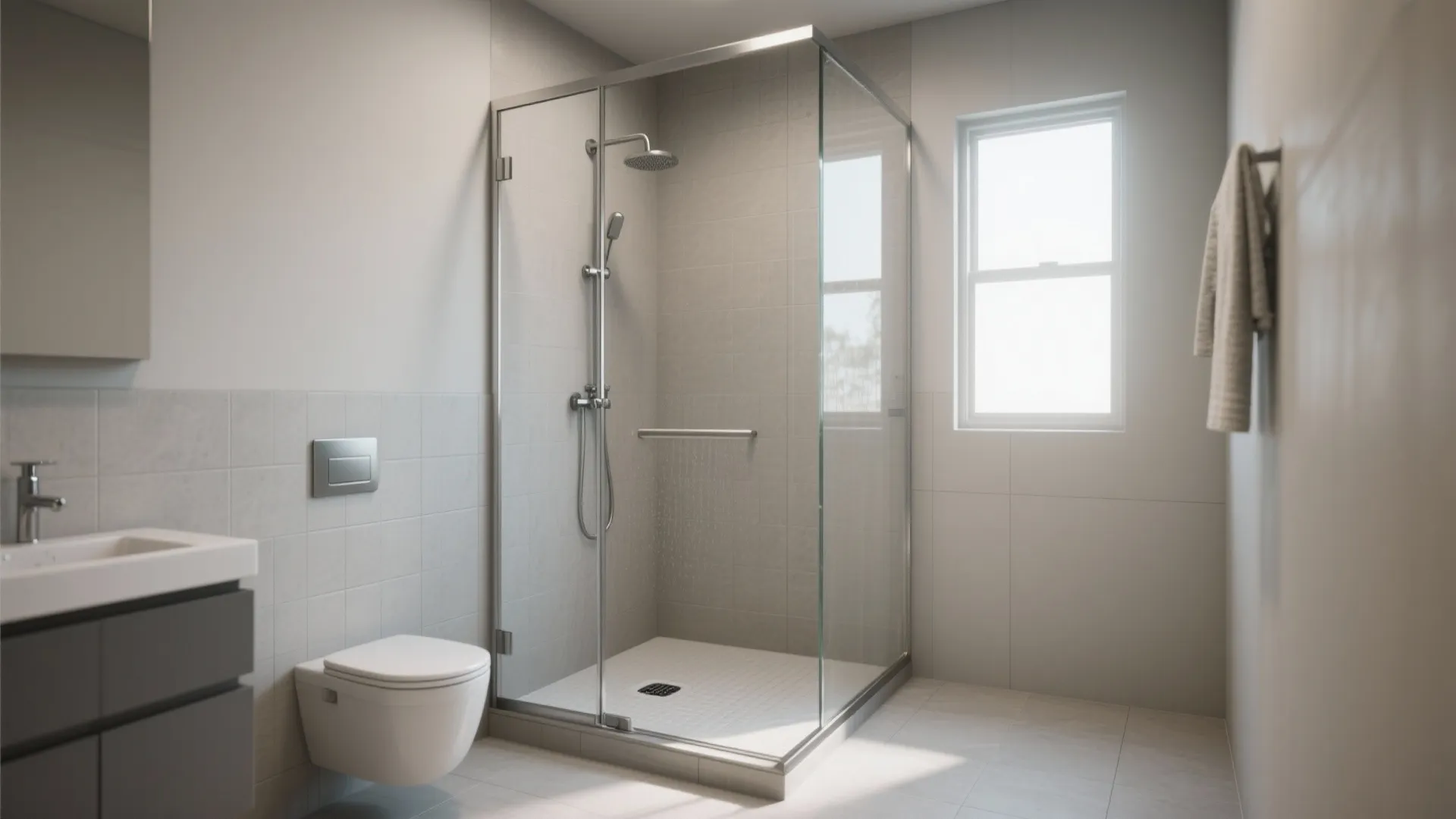 Bright bathroom interior with glass shower corner and white toilet and sink cabinet and window