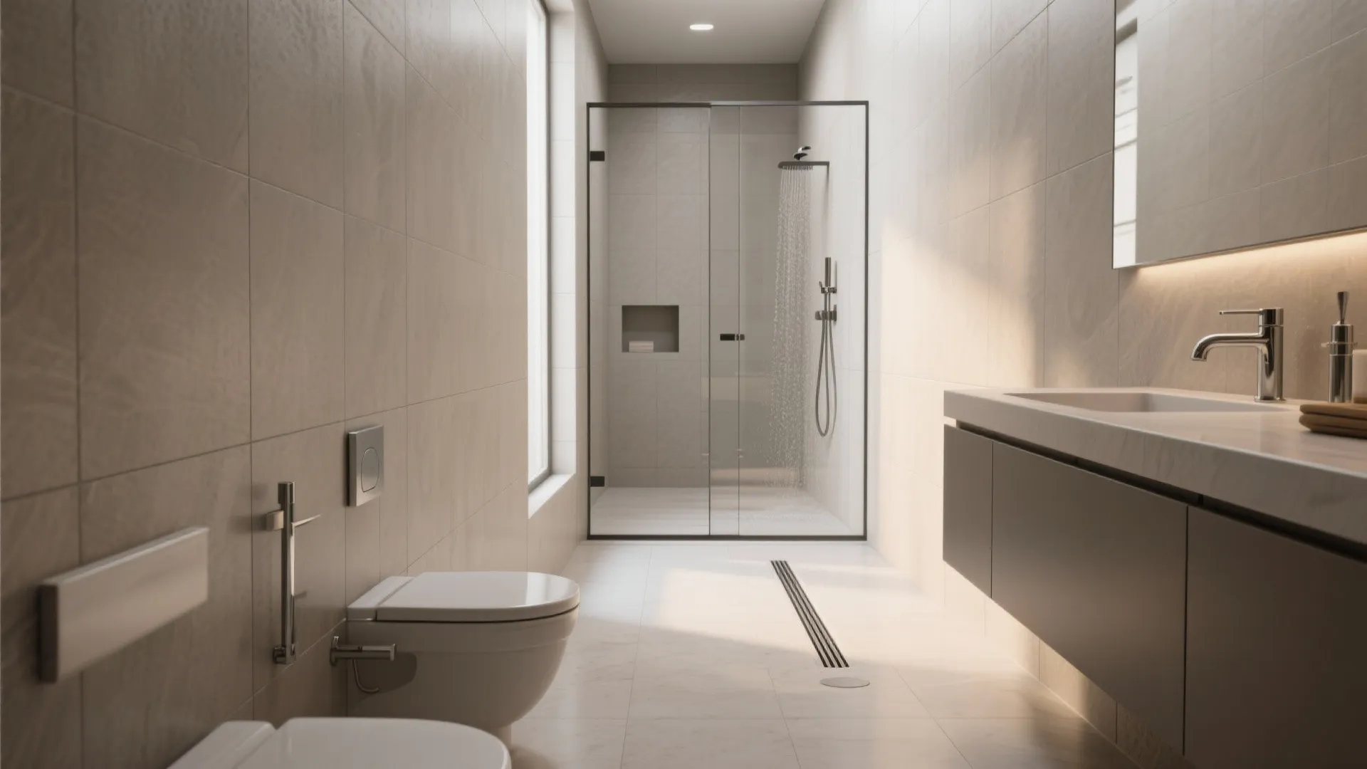 Minimalist bathroom with glass shower door wall mounted toilet vanity sink and long floor drain