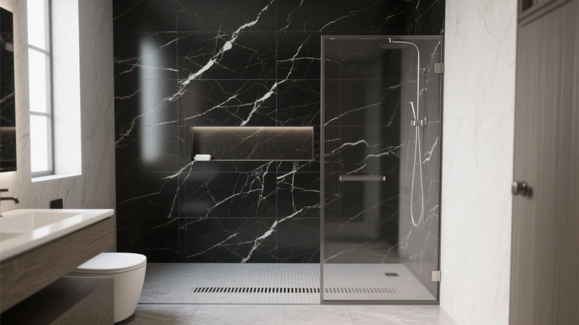 Seamless Walk-In Shower in Black Marble