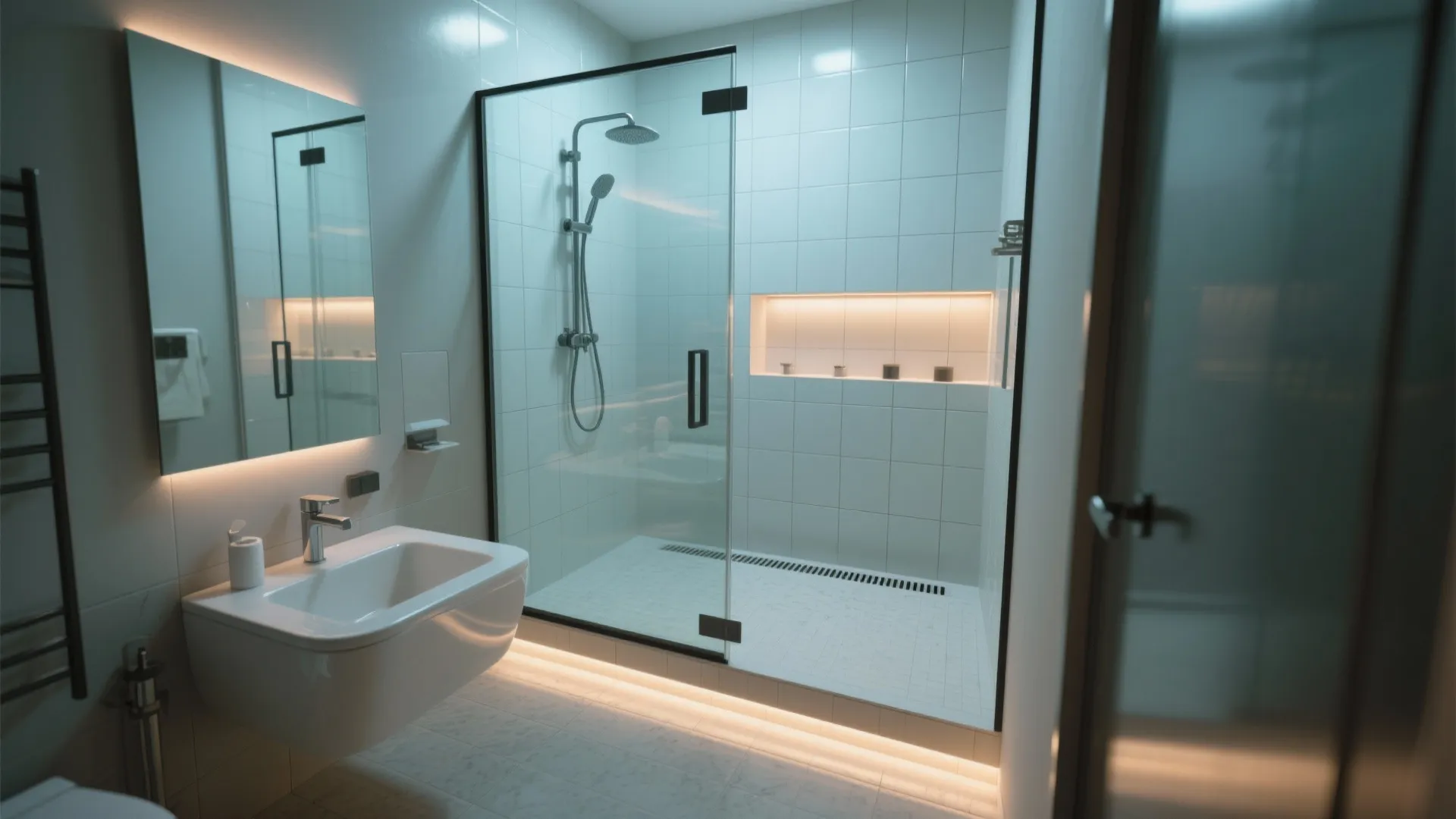 Curbless frameless glass shower with LED niche and linear drain in a compact bathroom.