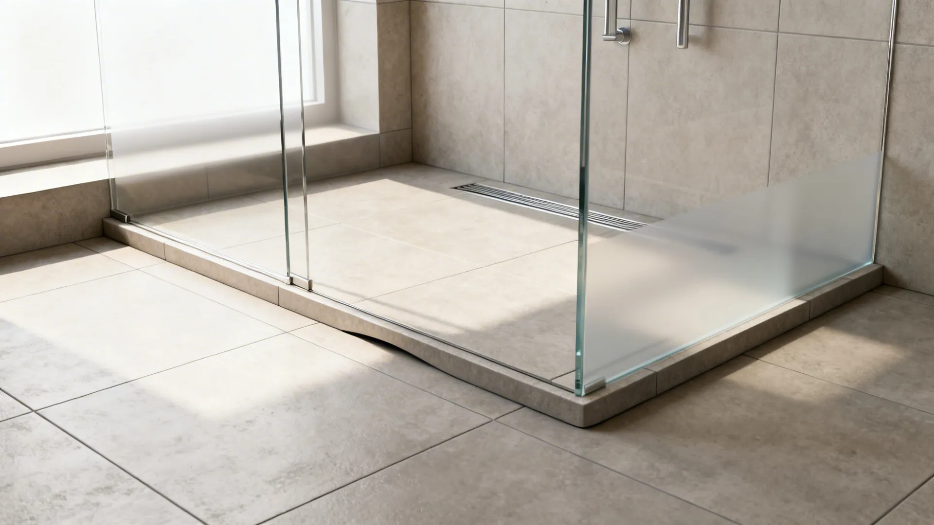 Modern bathroom shower area with glass panels beige tiles floor drain and bright natural light