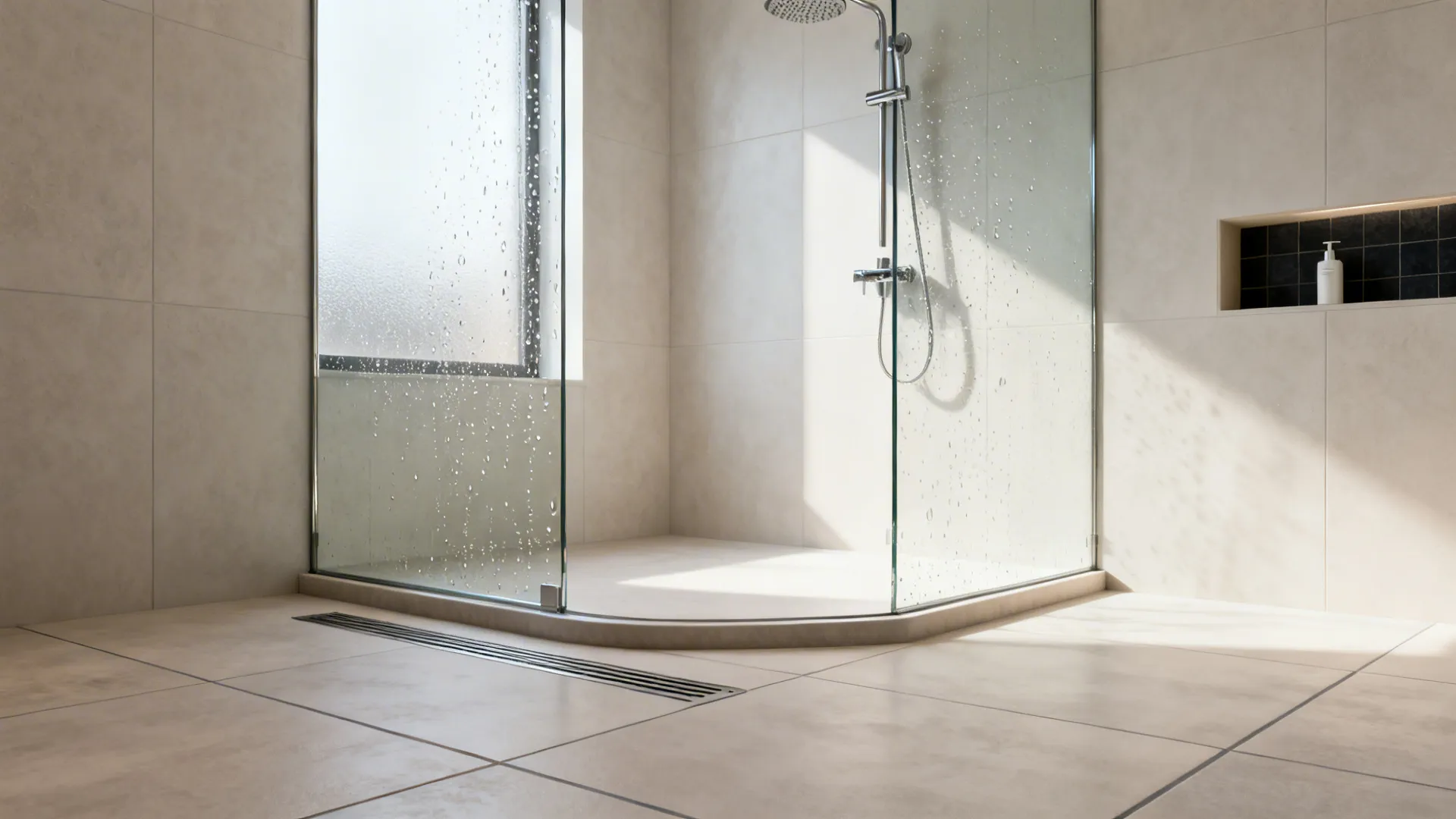 Curbless walk-in shower with frameless glass panel and linear drain in a small bathroom