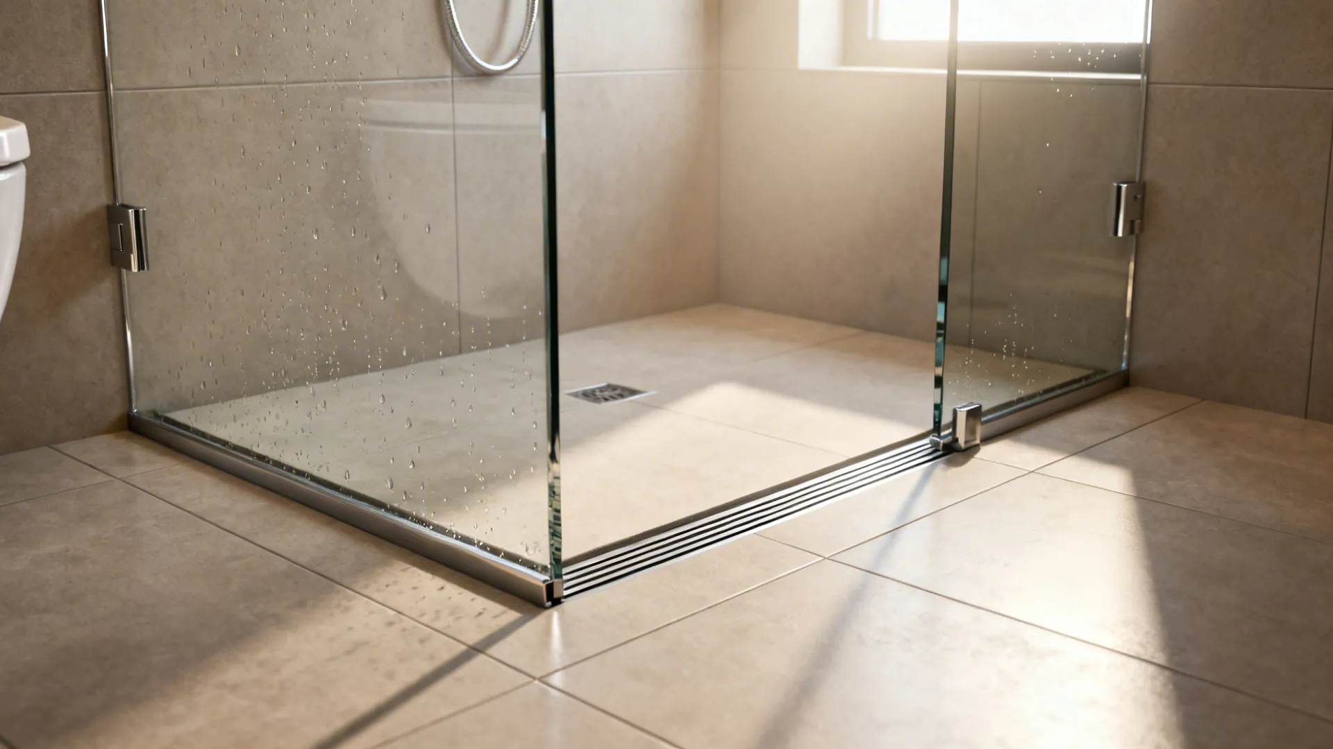 Curbless walk-in shower with glass screen and continuous large-format tile floor.
