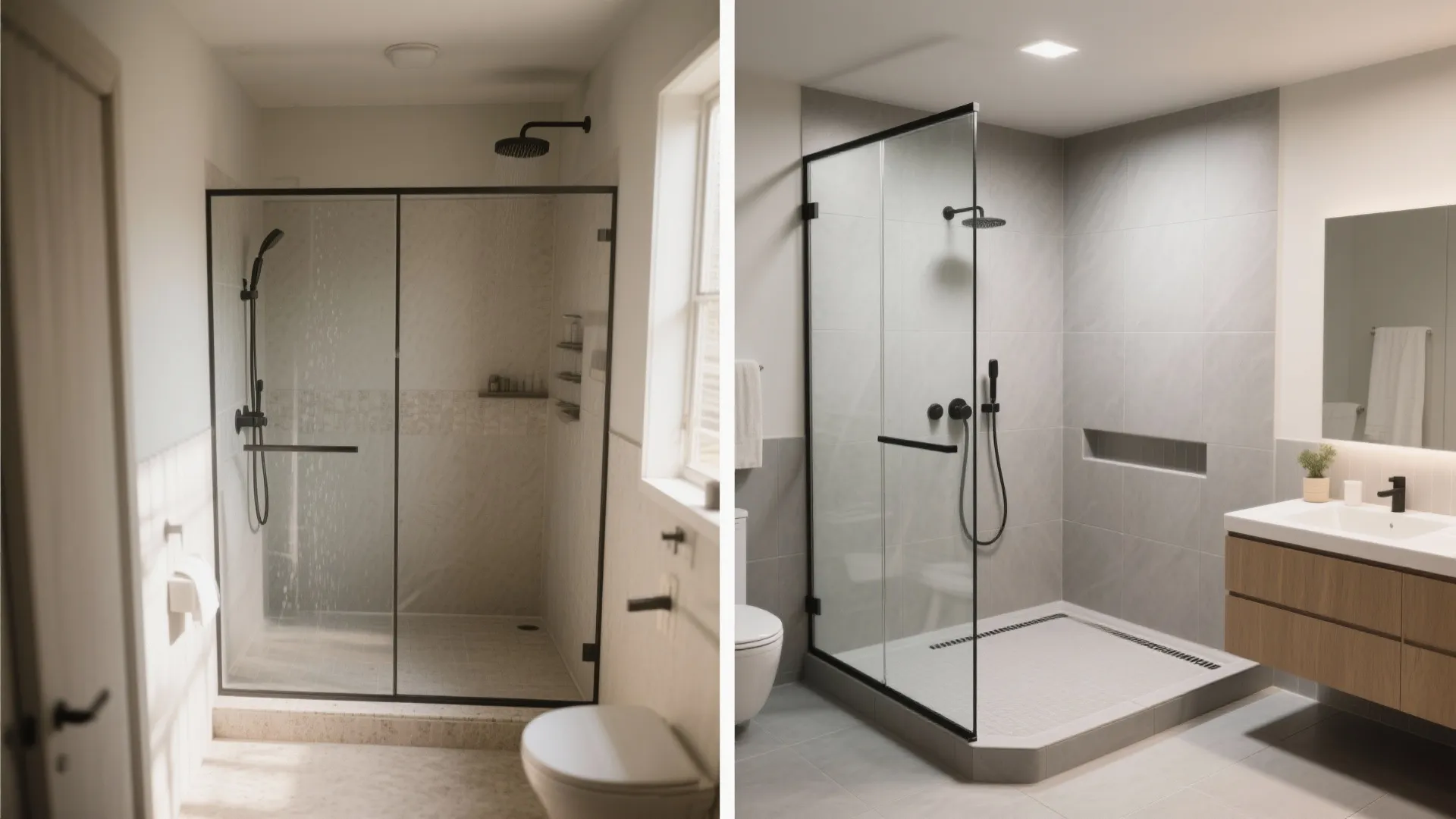 Curbless corner shower with clear glass and a linear drain
