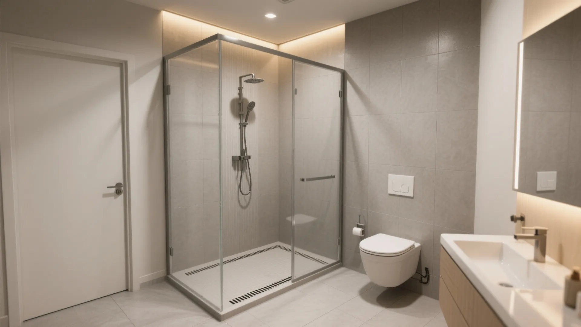 Curbless shower with clear glass panel