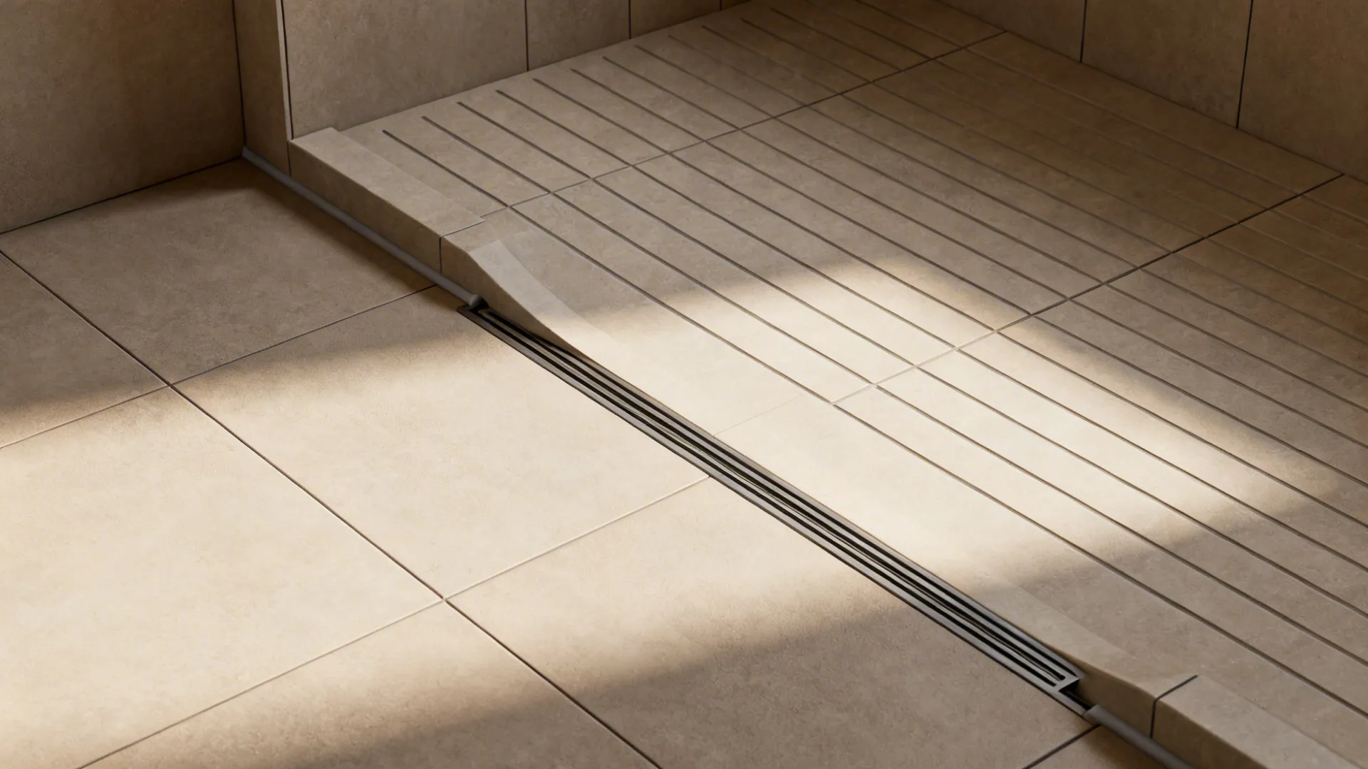 Top-down view of curbless shower entry with sloped tile and linear drain.