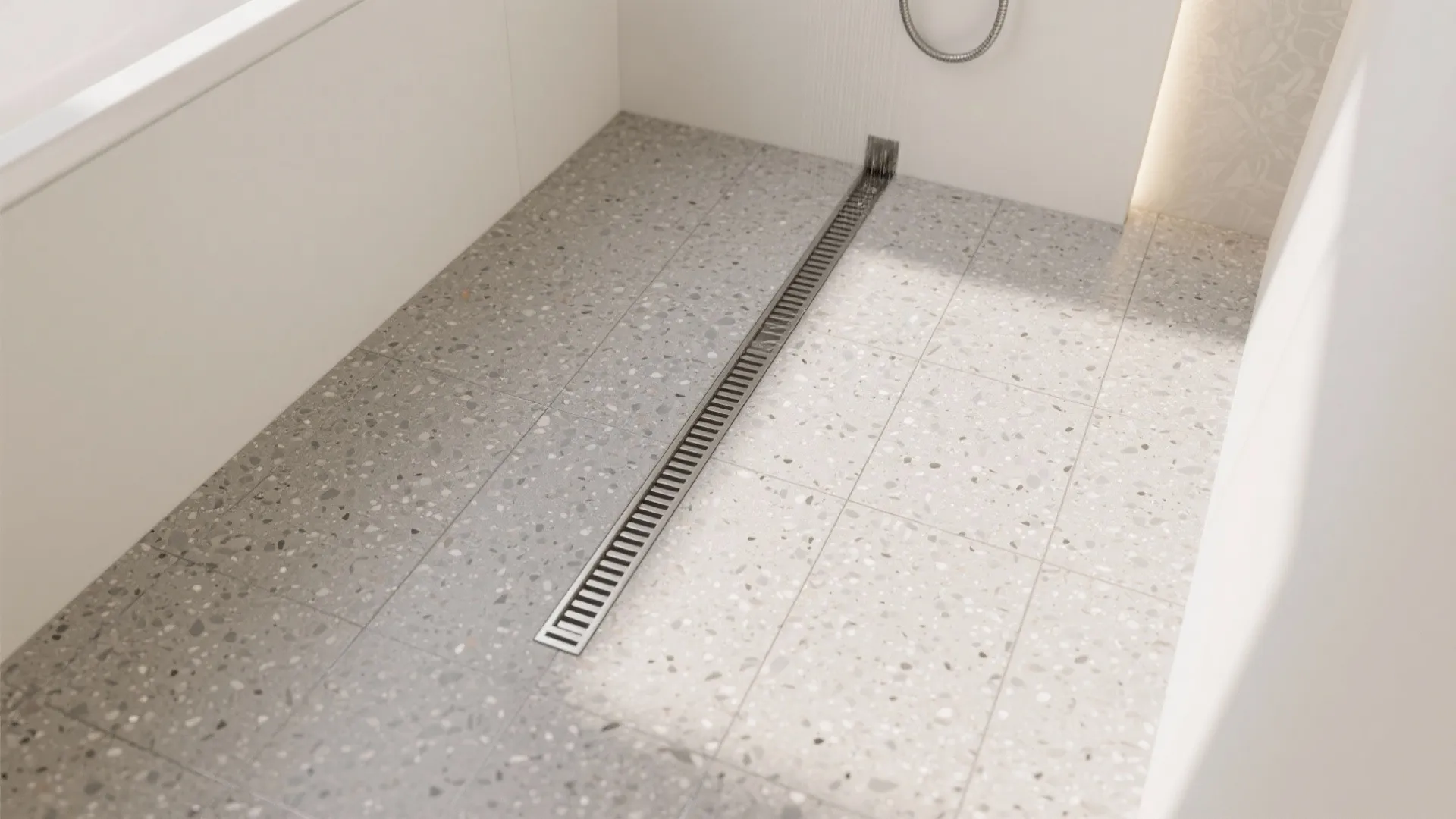 Seamless Floor-To-Shower Terrazzo For Bigger Feel