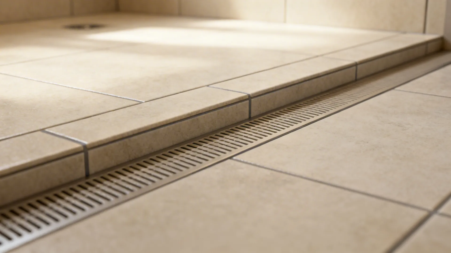 Curbless shower entry with textured anti-slip floor tiles and subtle slope