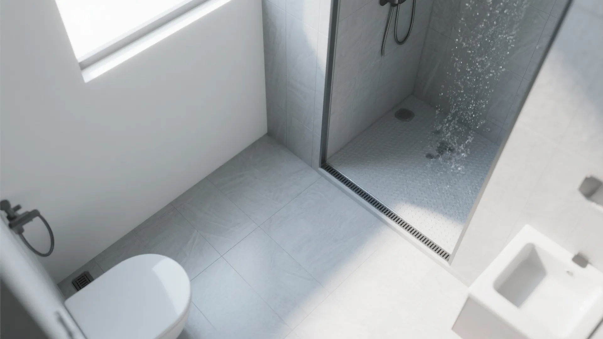 Top-down view of curbless wet room floor with single slope to back-wall linear drain.