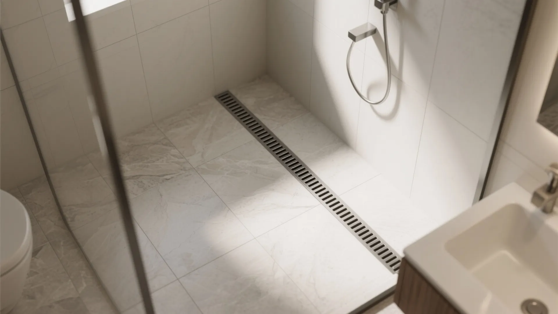 Modern walk in shower floor with long metal drain white wall tiles and bathroom sink