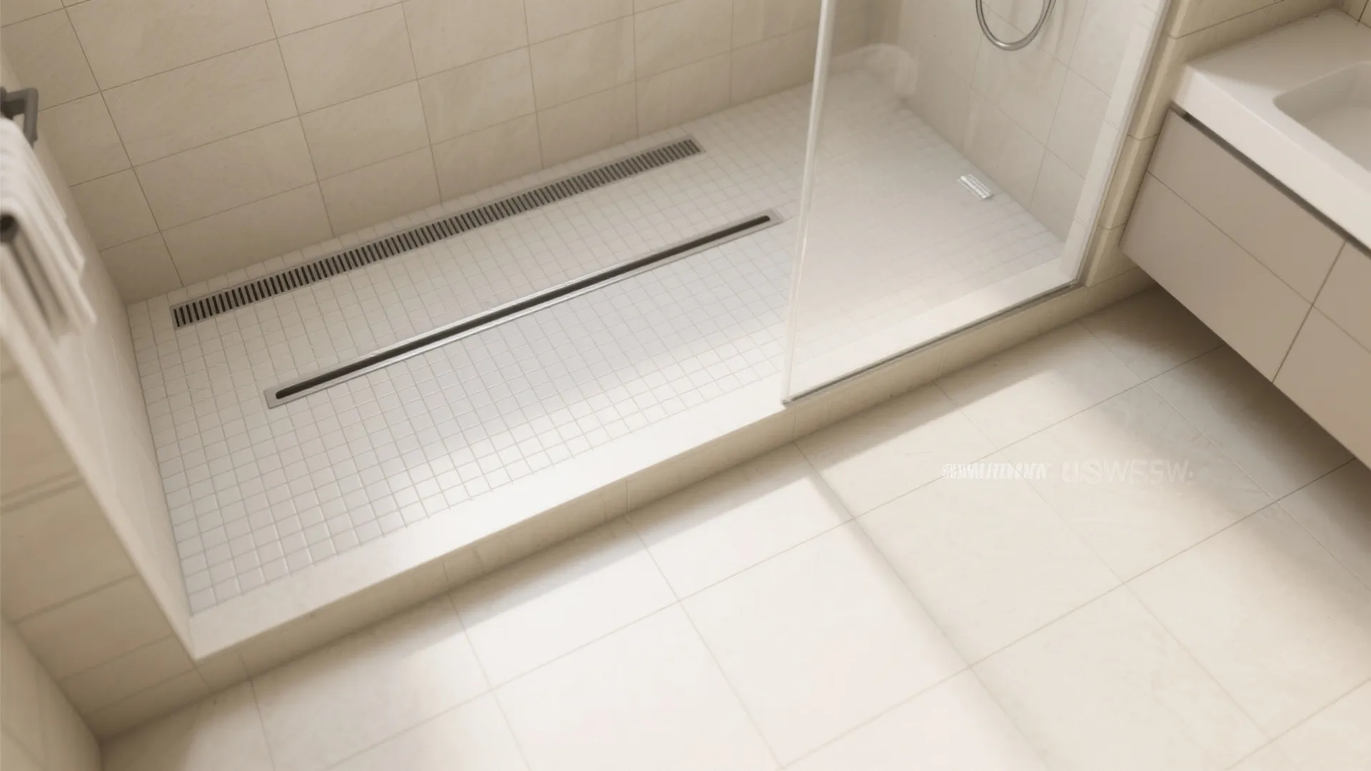 Top-down view of a curbless shower with a linear drain, mosaic floor, and large tiles in the dry zone.