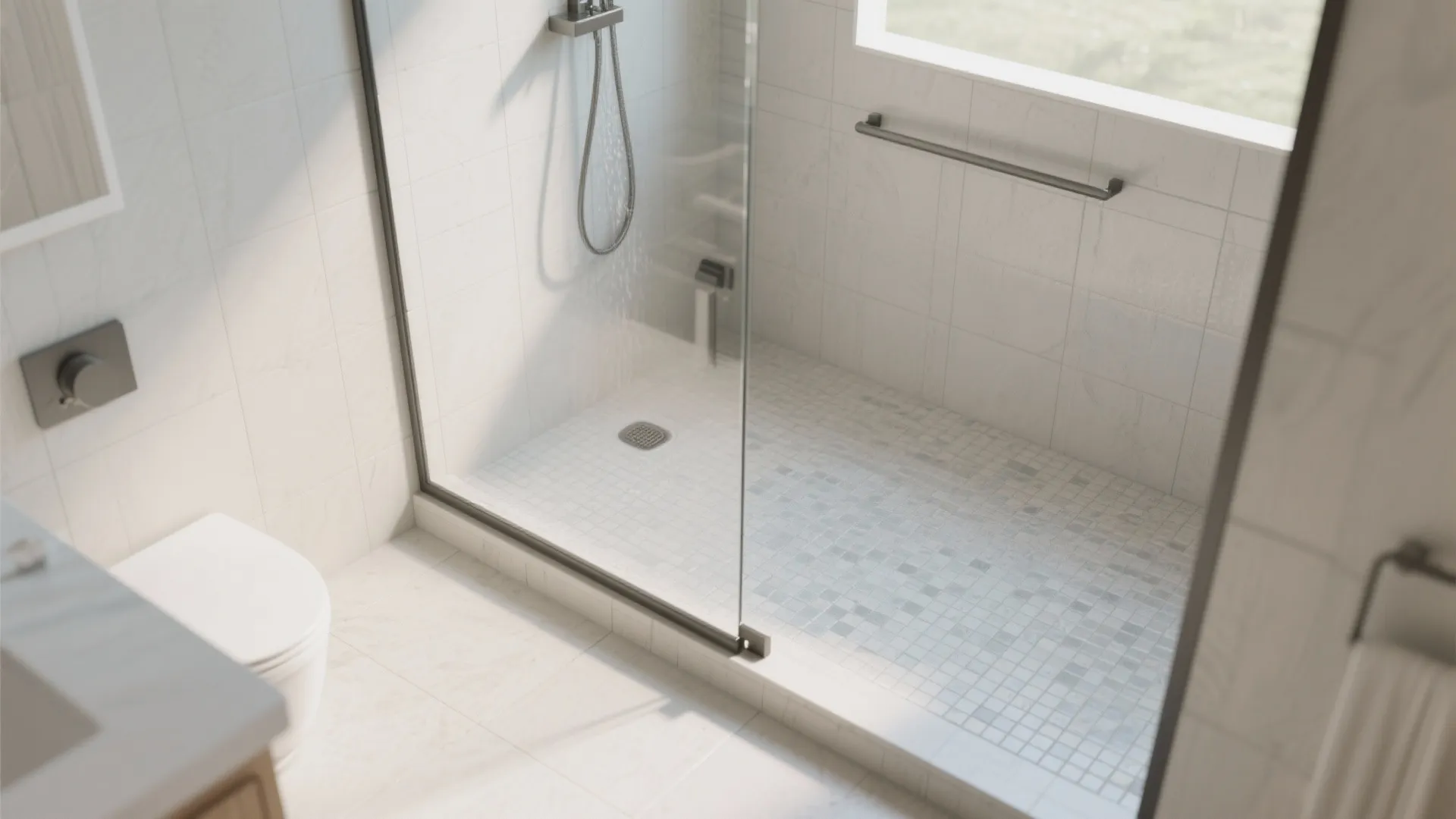 Modern walk in shower design with glass door mosaic floor tiles and white wall tiles