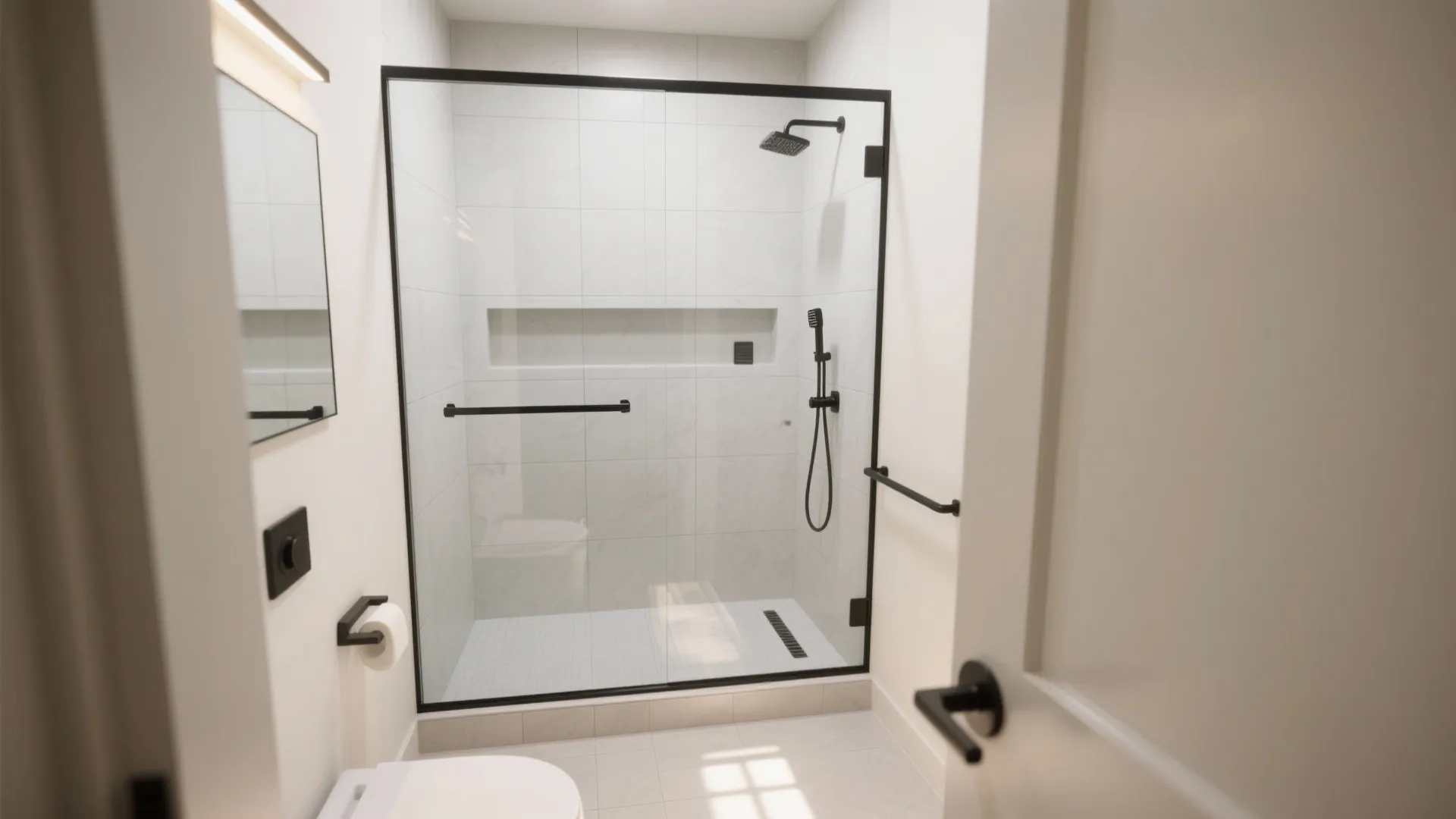 Curbless, one-panel “walk-in” with a linear drain