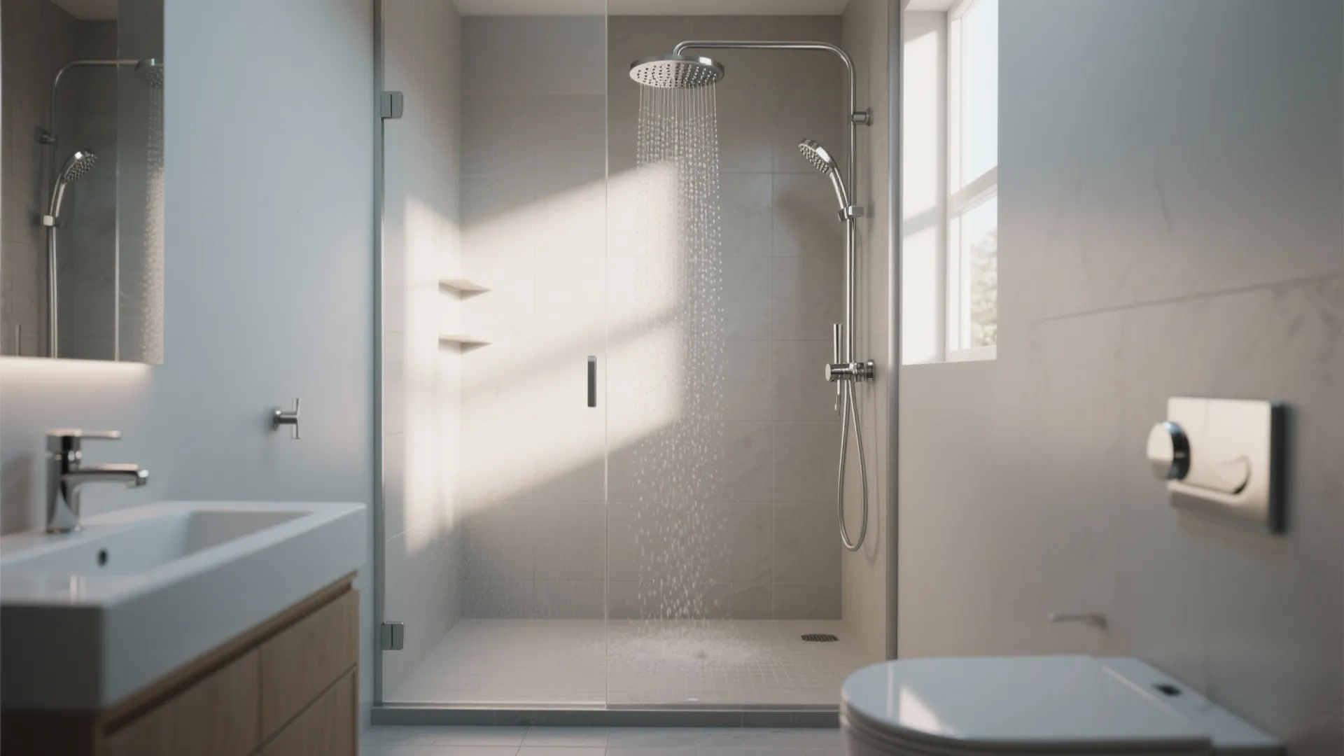Minimalist walk-in shower with glass panel, running water, vanity sink, toilet, and bright natural light