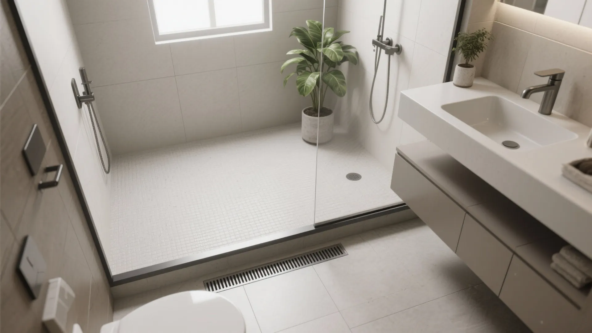 Modern walk-in shower with white floor tiles, glass screen, green plant, and white bathroom sink