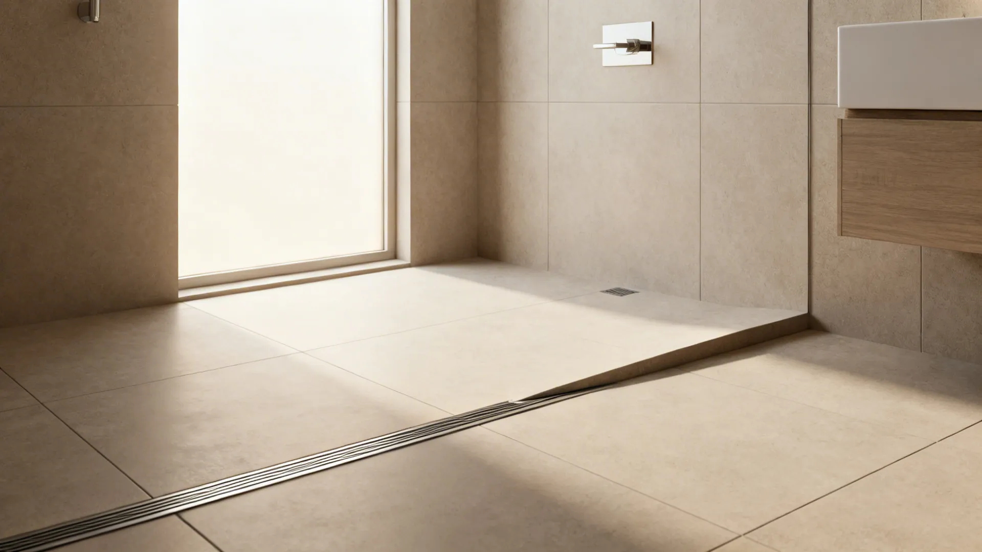 Curb-less wet room with a subtle floor slope toward a linear drain and continuous flooring.