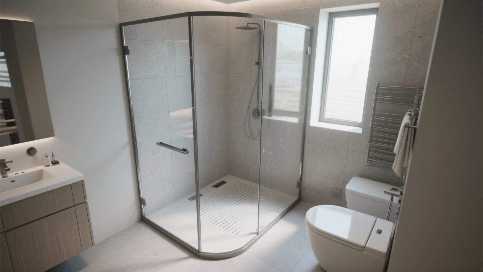 1. Curbless Wet Room with a Glass Partition