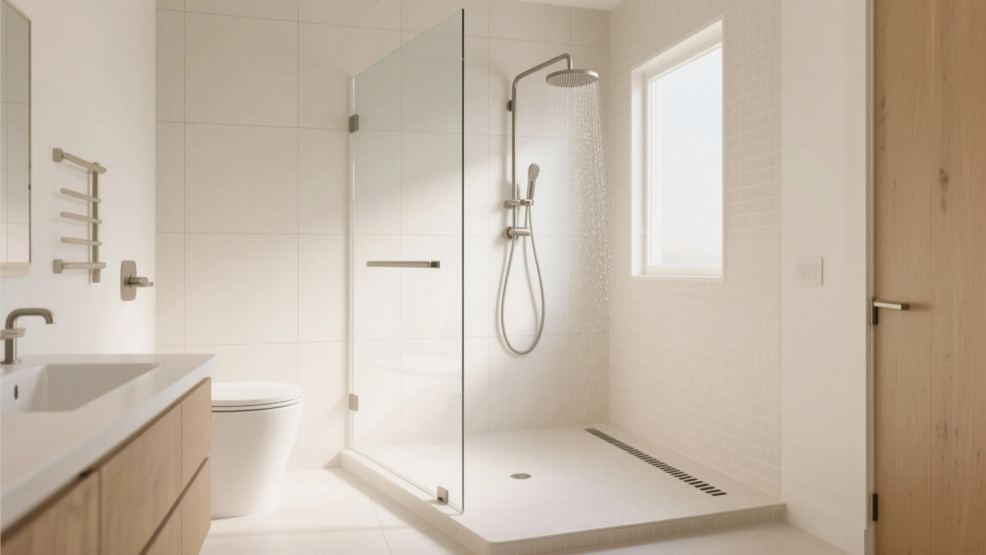 Curbless wet room with frameless glass