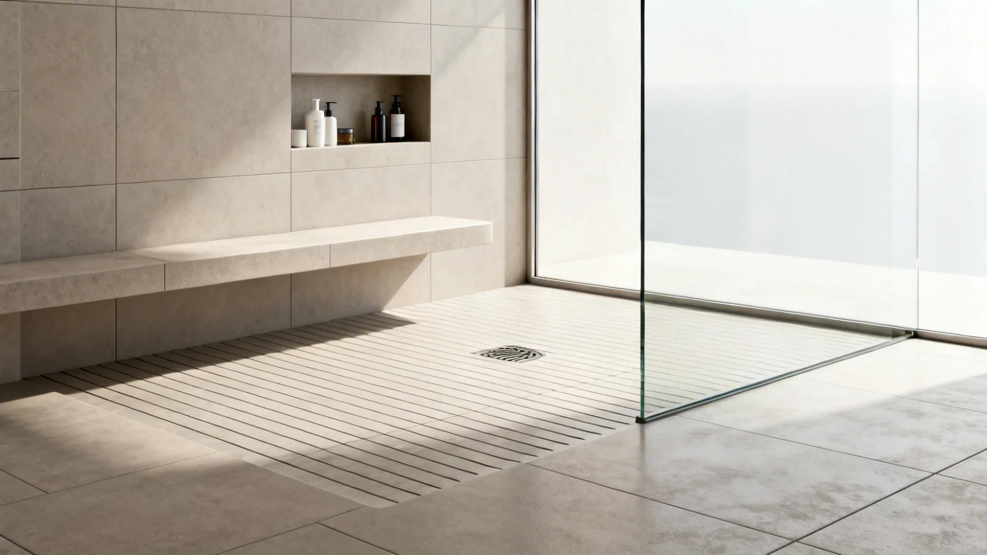 Curbless wet-room shower with built-in bench and recessed niche