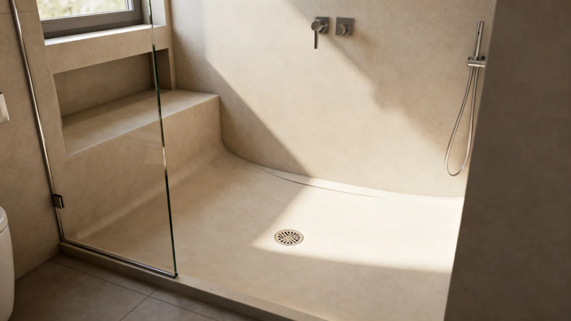 Curbless wet room in a small bathroom with glass partition and seamless floor drain.