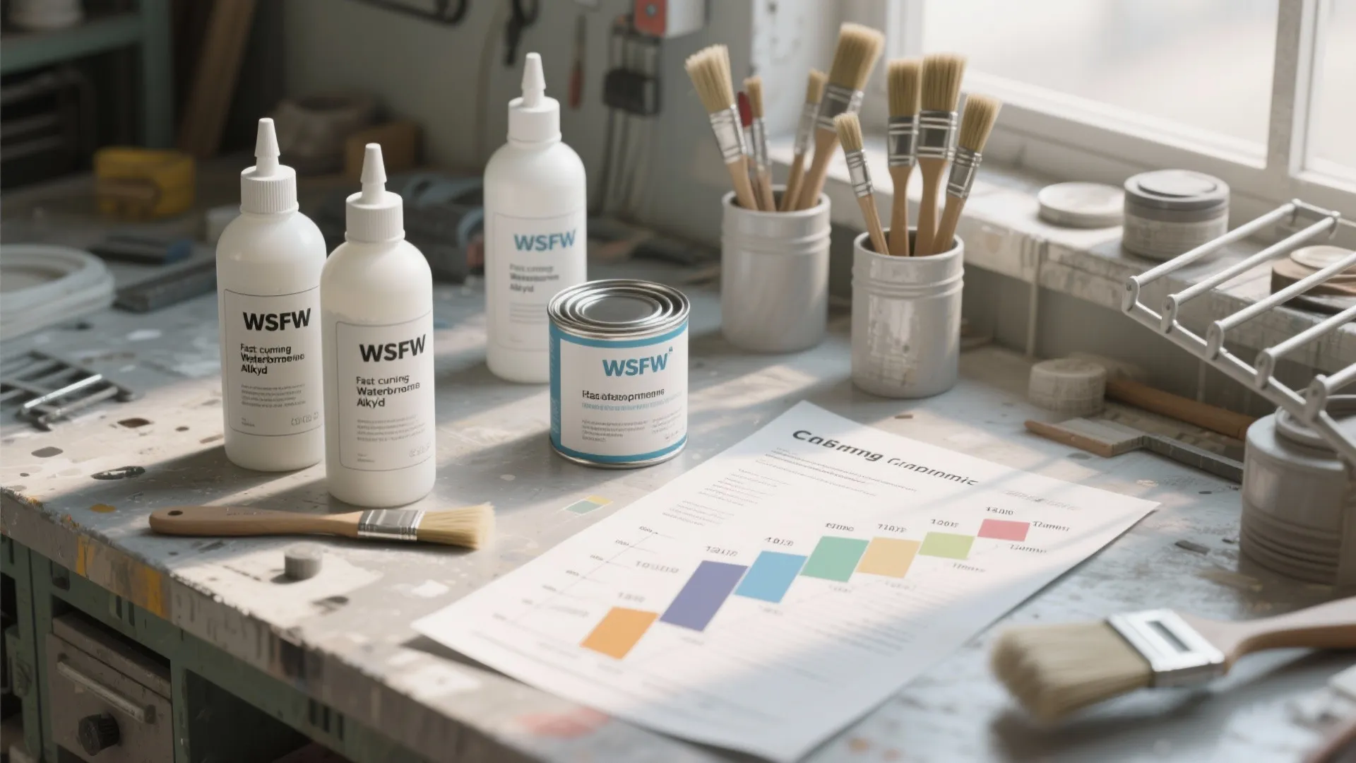 Workbench with paint bottles brushes and a bar chart showing the drying time for paint