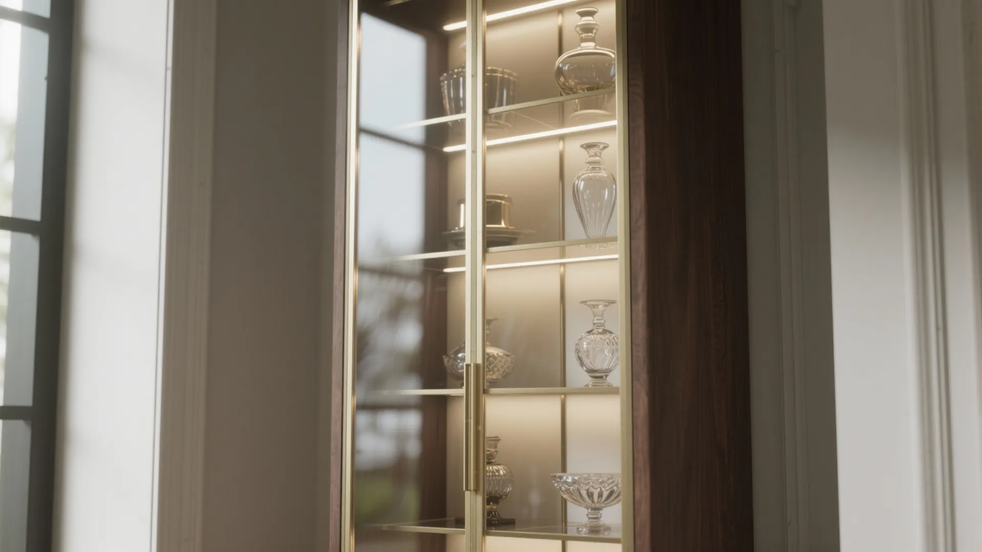 Glass cabinet with wood frame and gold details displaying crystal glassware with soft interior lighting