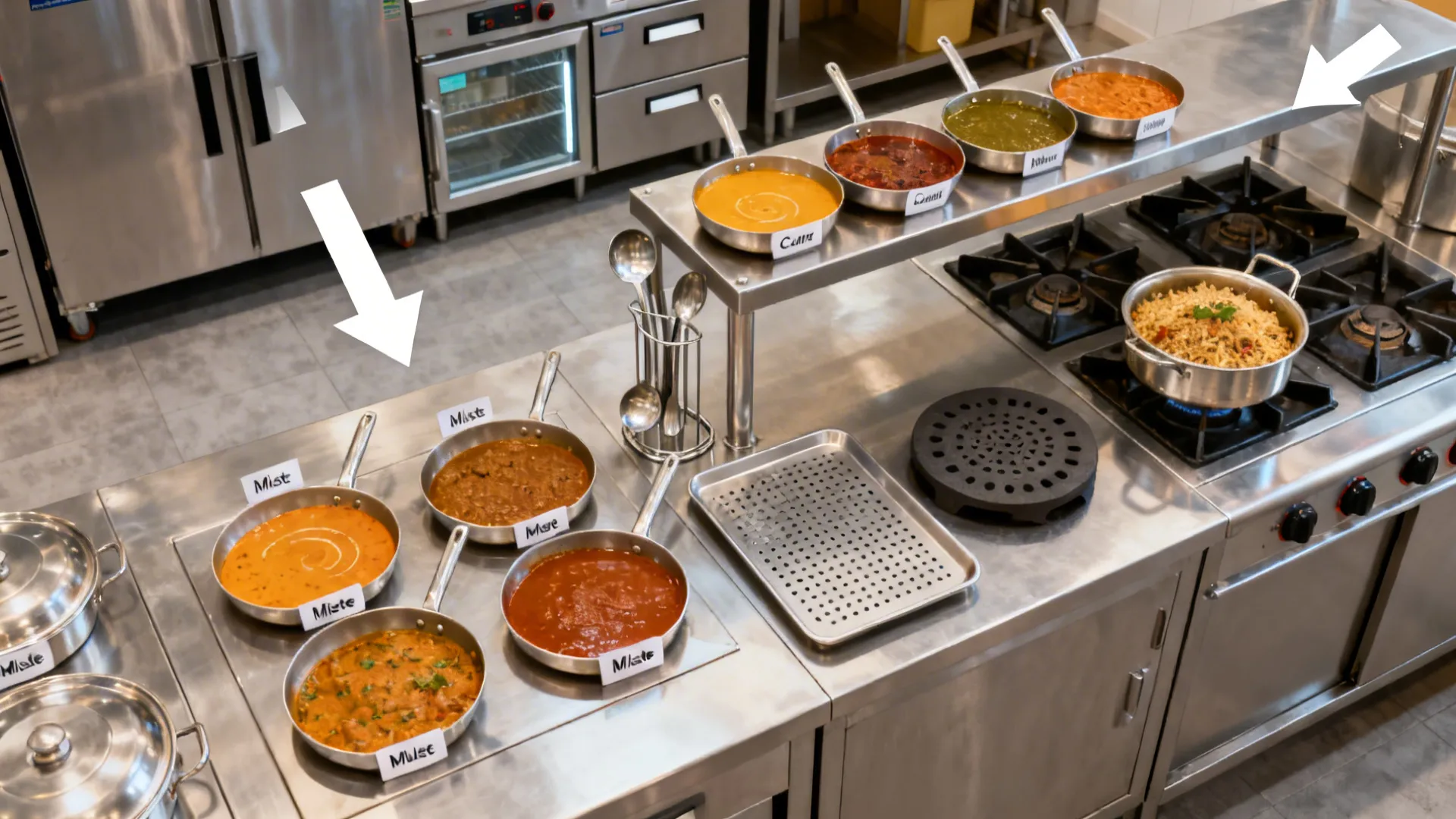 Top-down curry station flow from drawers to burners with a landing shelf and organized tools.