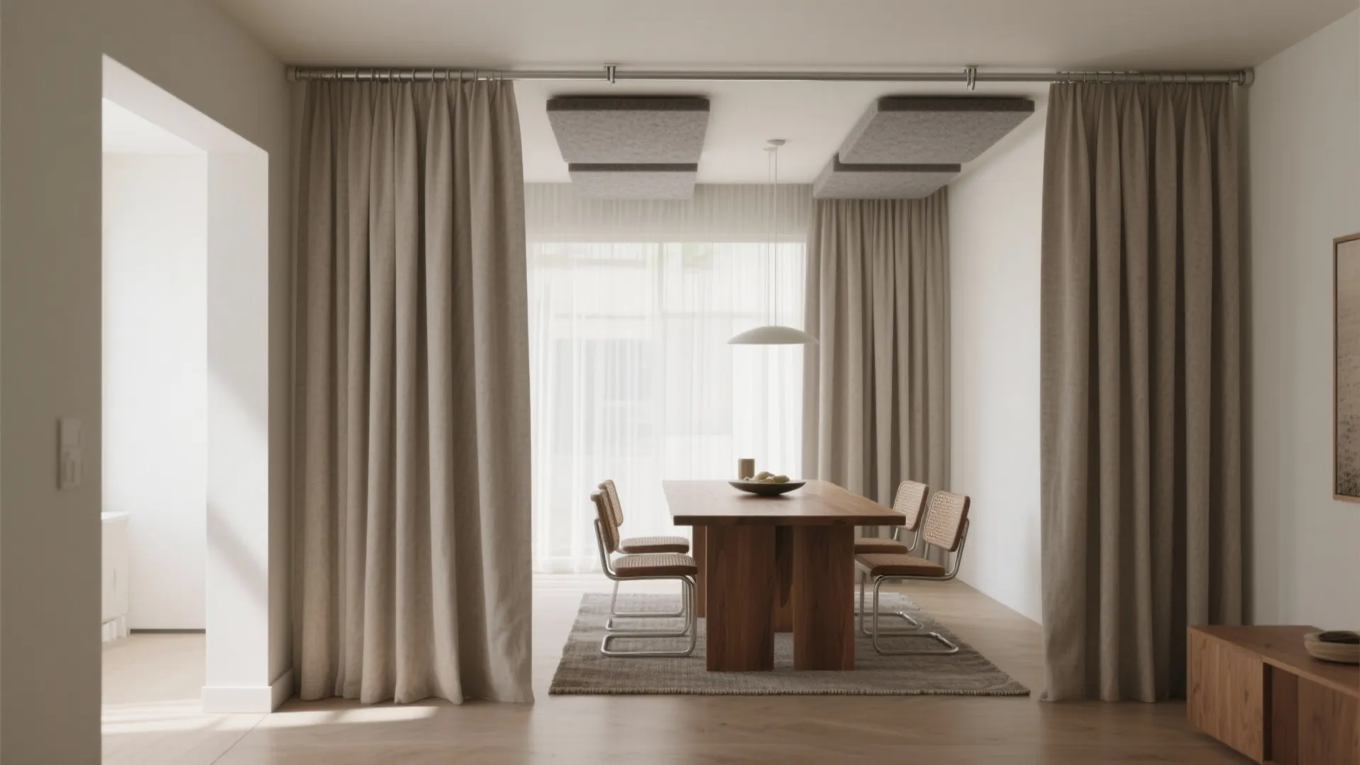 Ceiling-hung curtains and acoustic panels for soft separation
