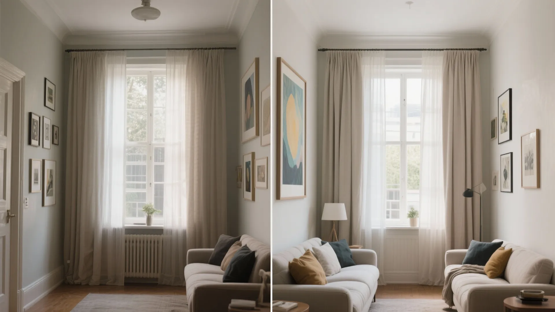 Curtains to the ceiling and big, simple art