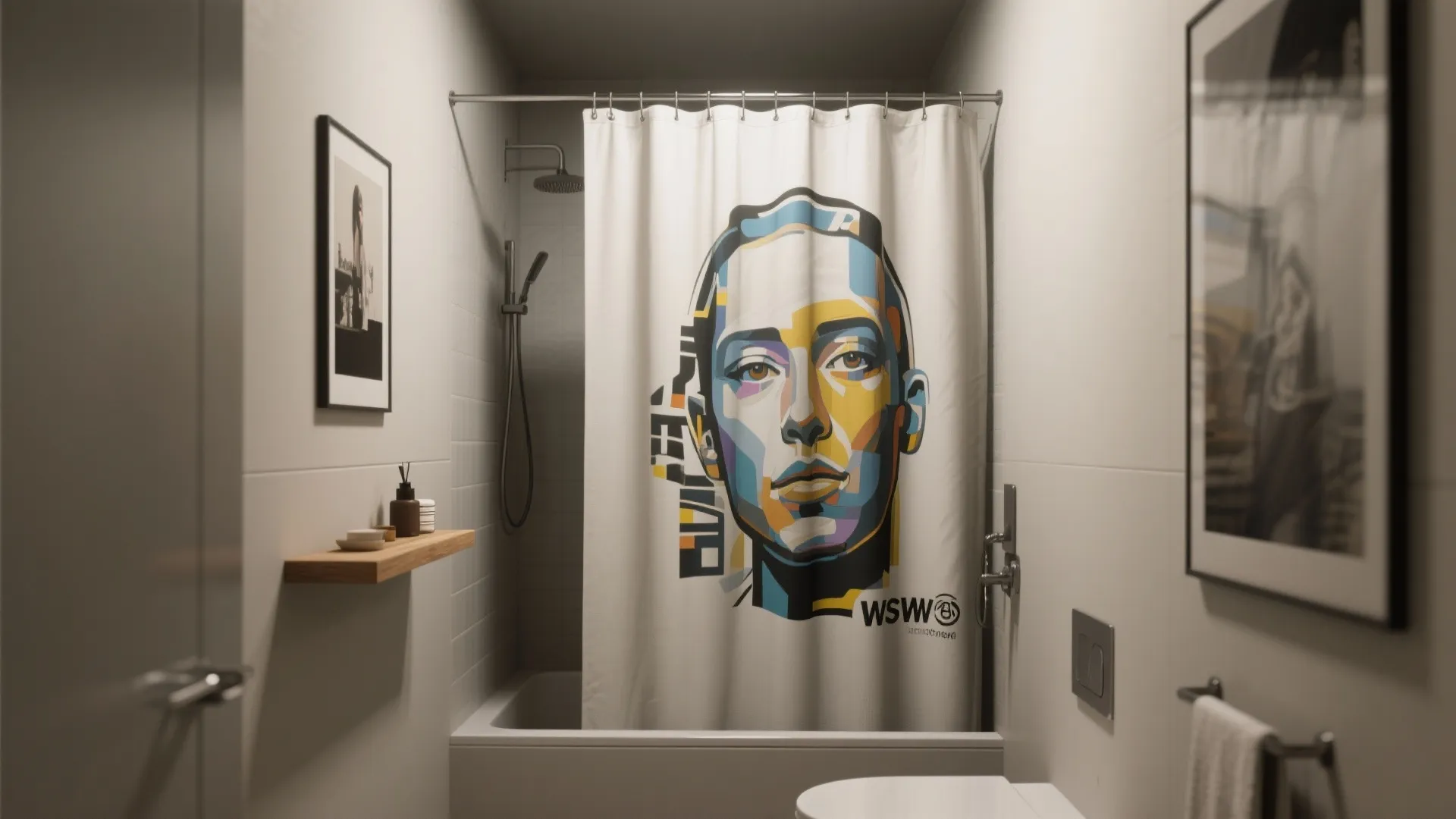 Minimalist bathroom interior with artistic face print curtain wall light wooden shelf and framed wall art