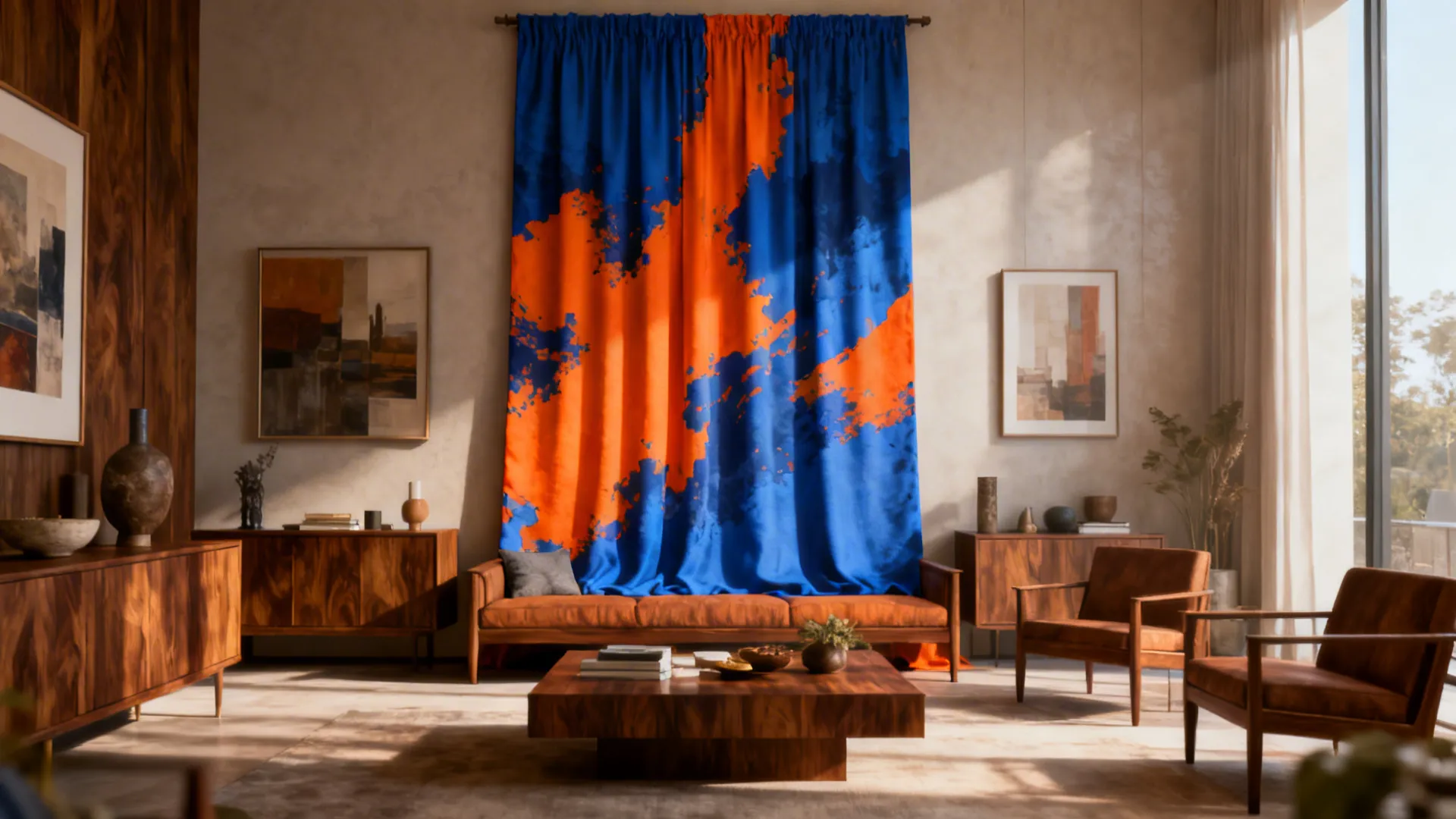 Living room featuring large blue and orange abstract patterned curtain hanging with modern wooden furniture