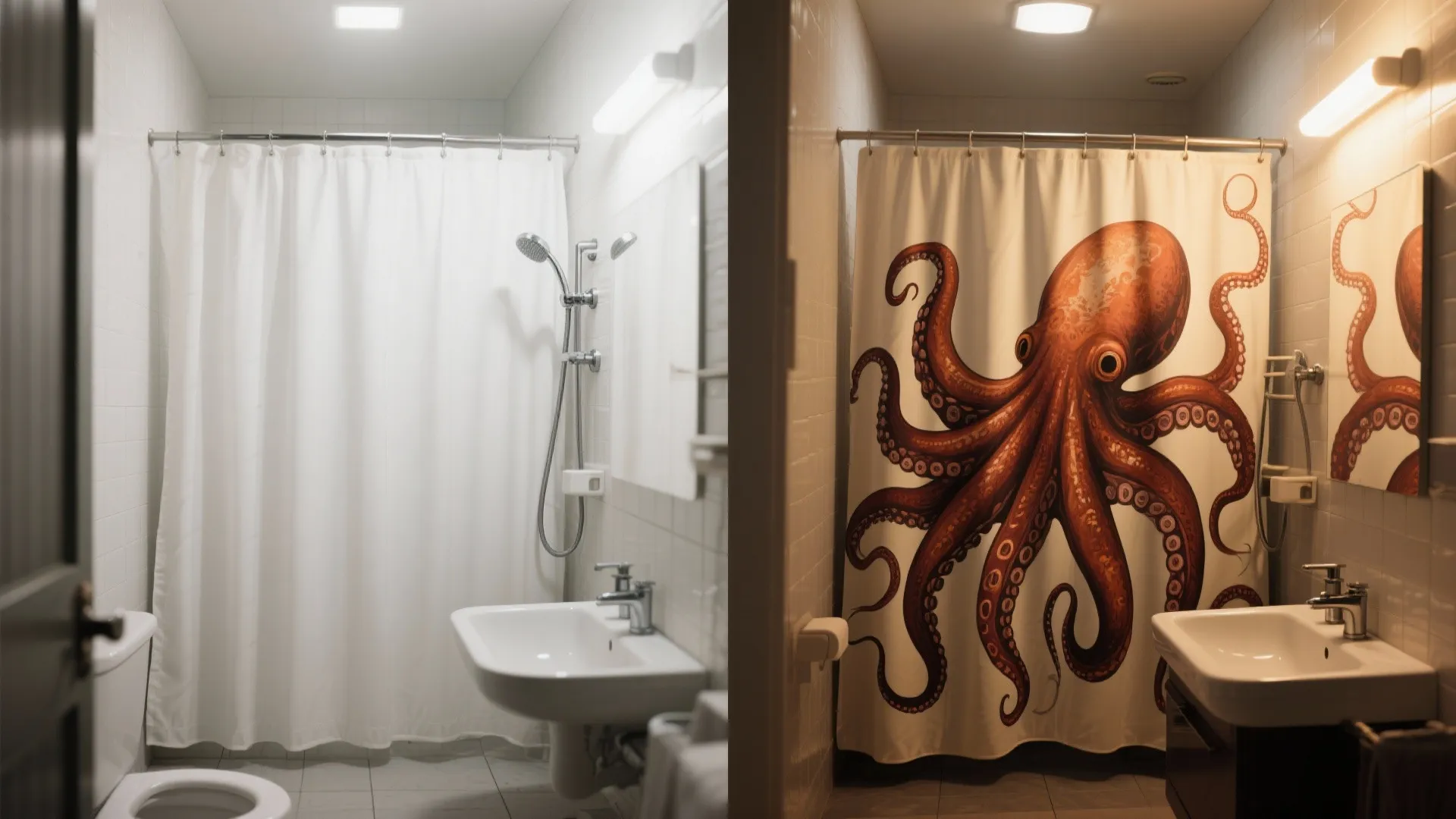 5. Statement Shower Curtain and Lighting
