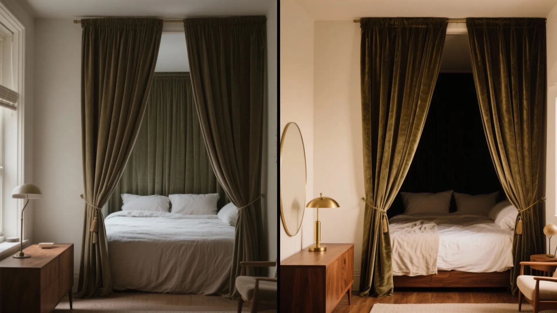 Before and after comparison of a bedroom showing different lighting and curtain styles around bed