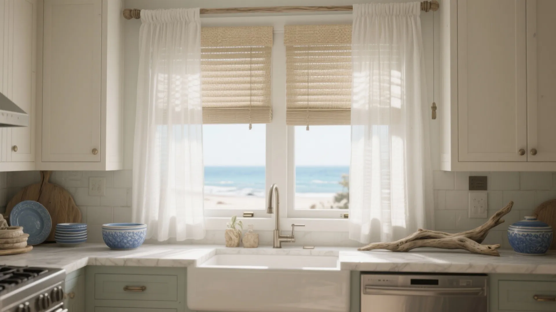 Bright kitchen sink area with woven blinds white sheer curtains and beautiful ocean beach view