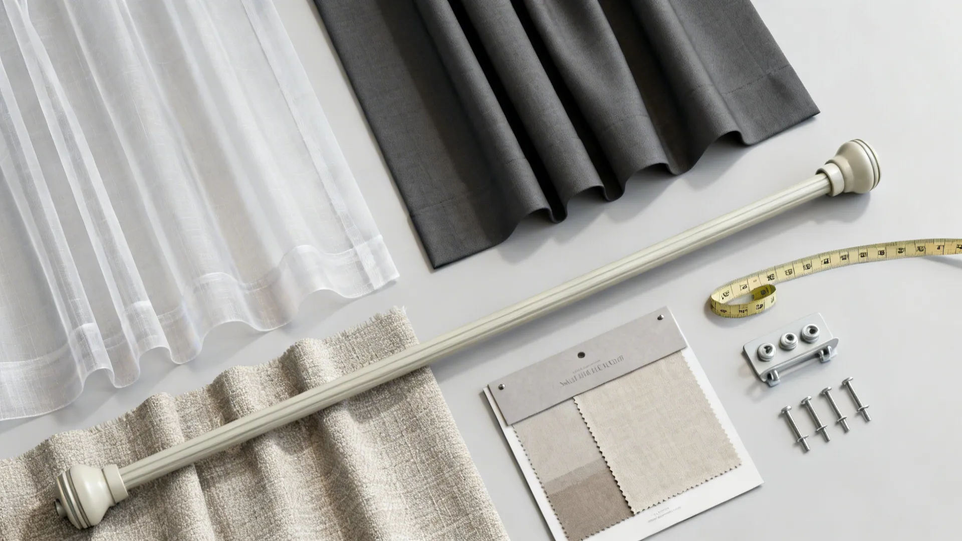 Flatlay of affordable curtain fabric swatches, rod sample, and hardware for small dining rooms.