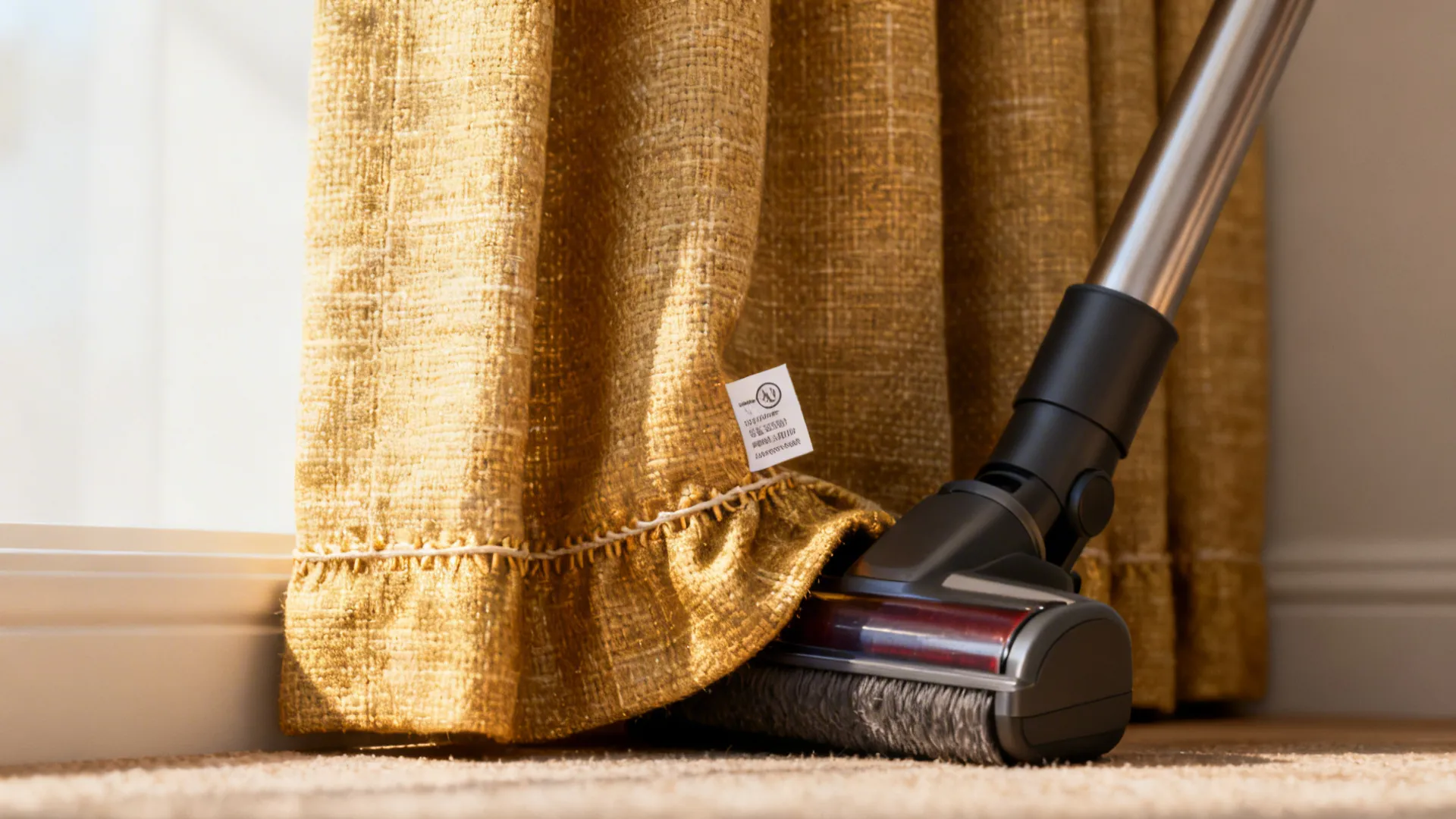 Close-up of curtain fabric with care tag and vacuum nozzle, illustrating maintenance tips.