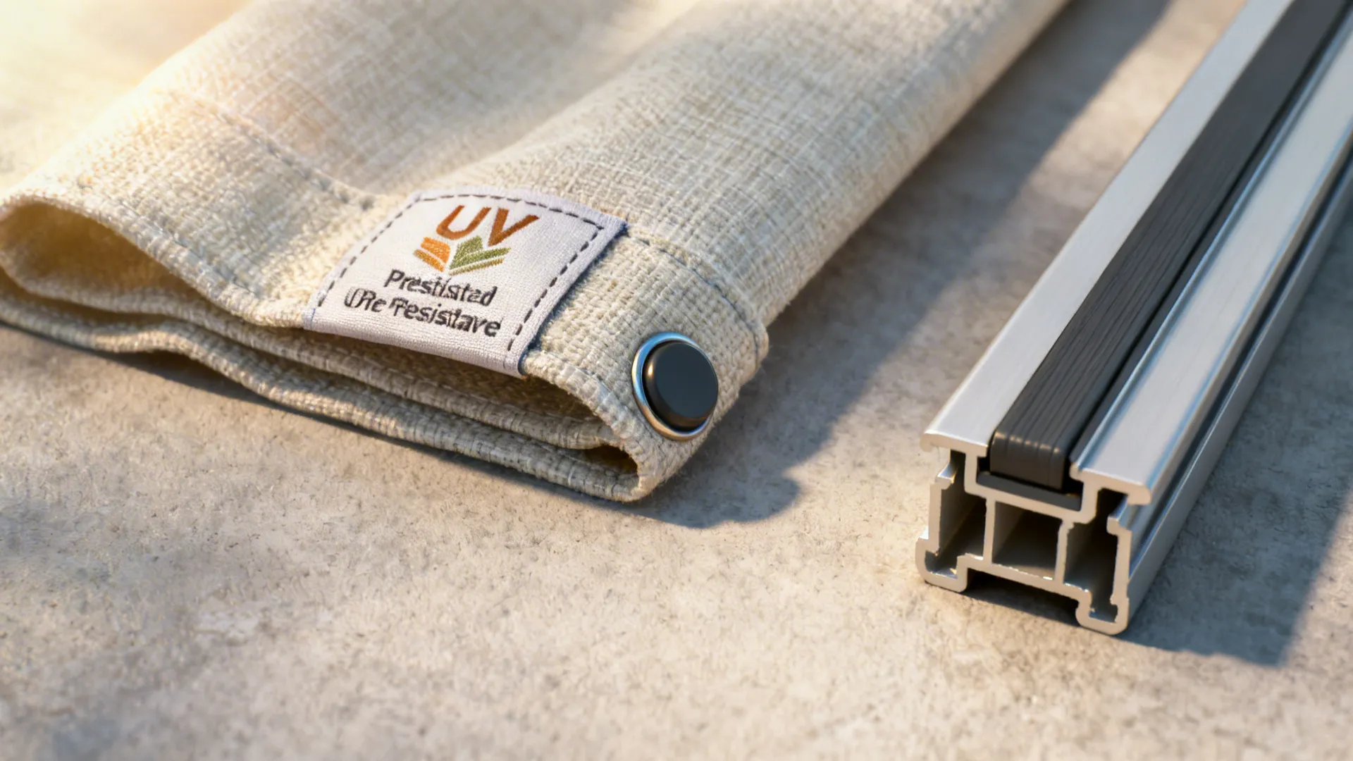 Close-up of curtain care details: UV-resistant fabric label, weighted hem and track profile.