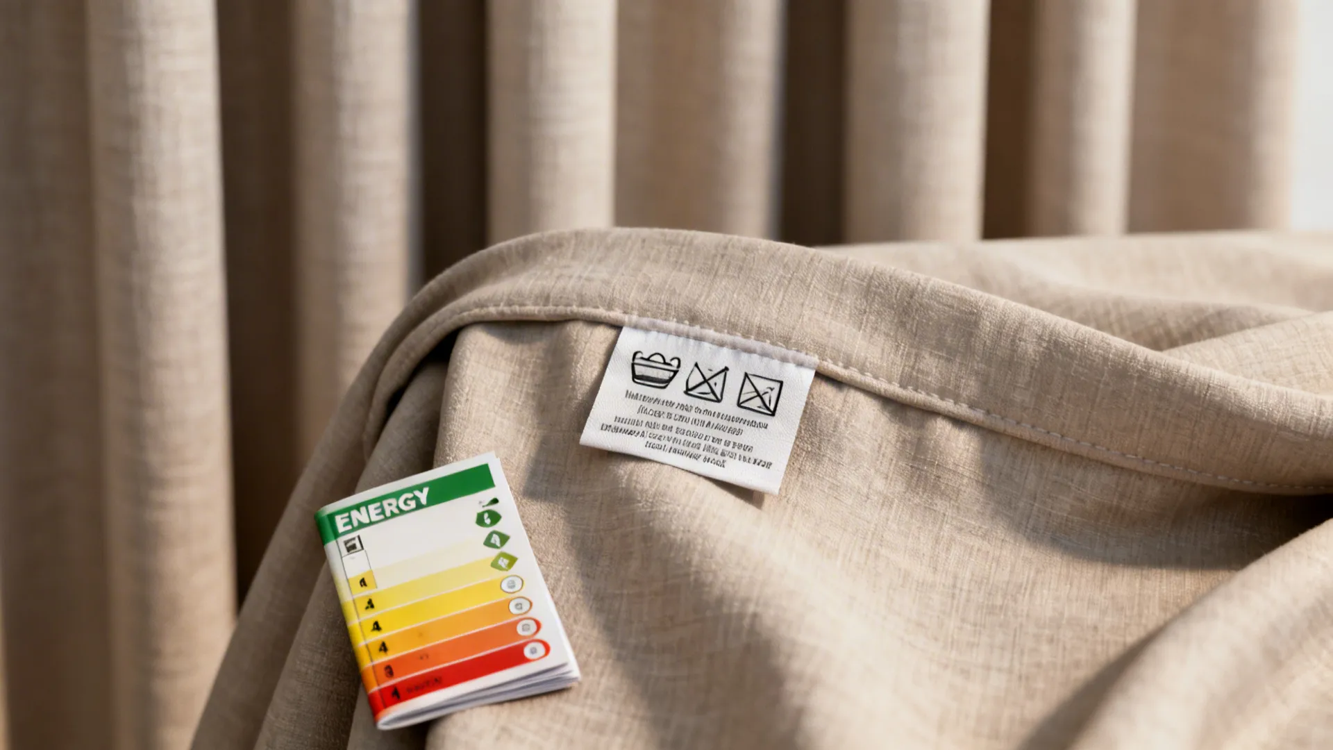 Care label and energy-efficiency booklet next to blackout curtain fabric, showing washing and insulation info.