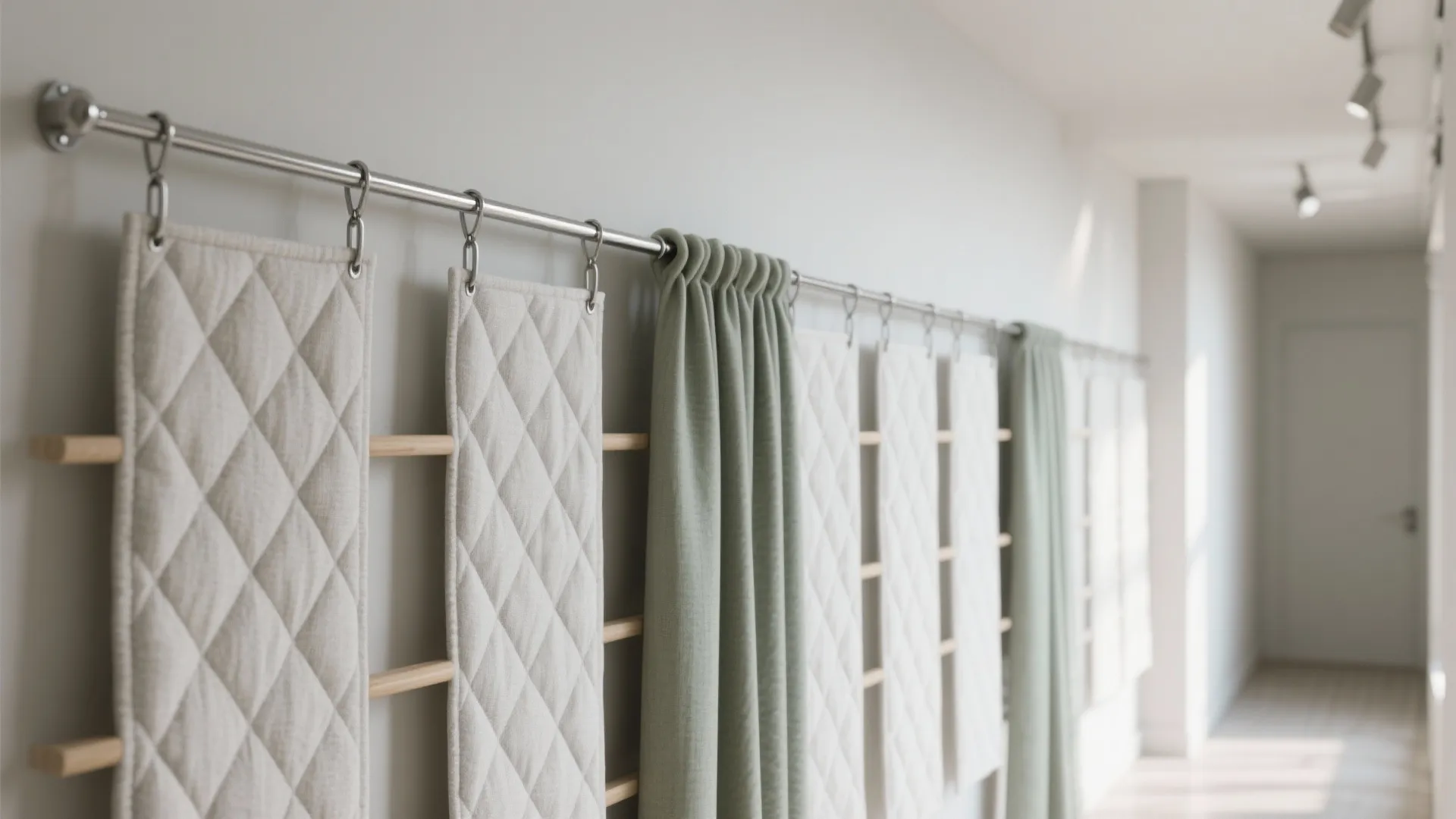 Long metal wall rod holding multiple beige quilted panels and green curtains in bright hallway