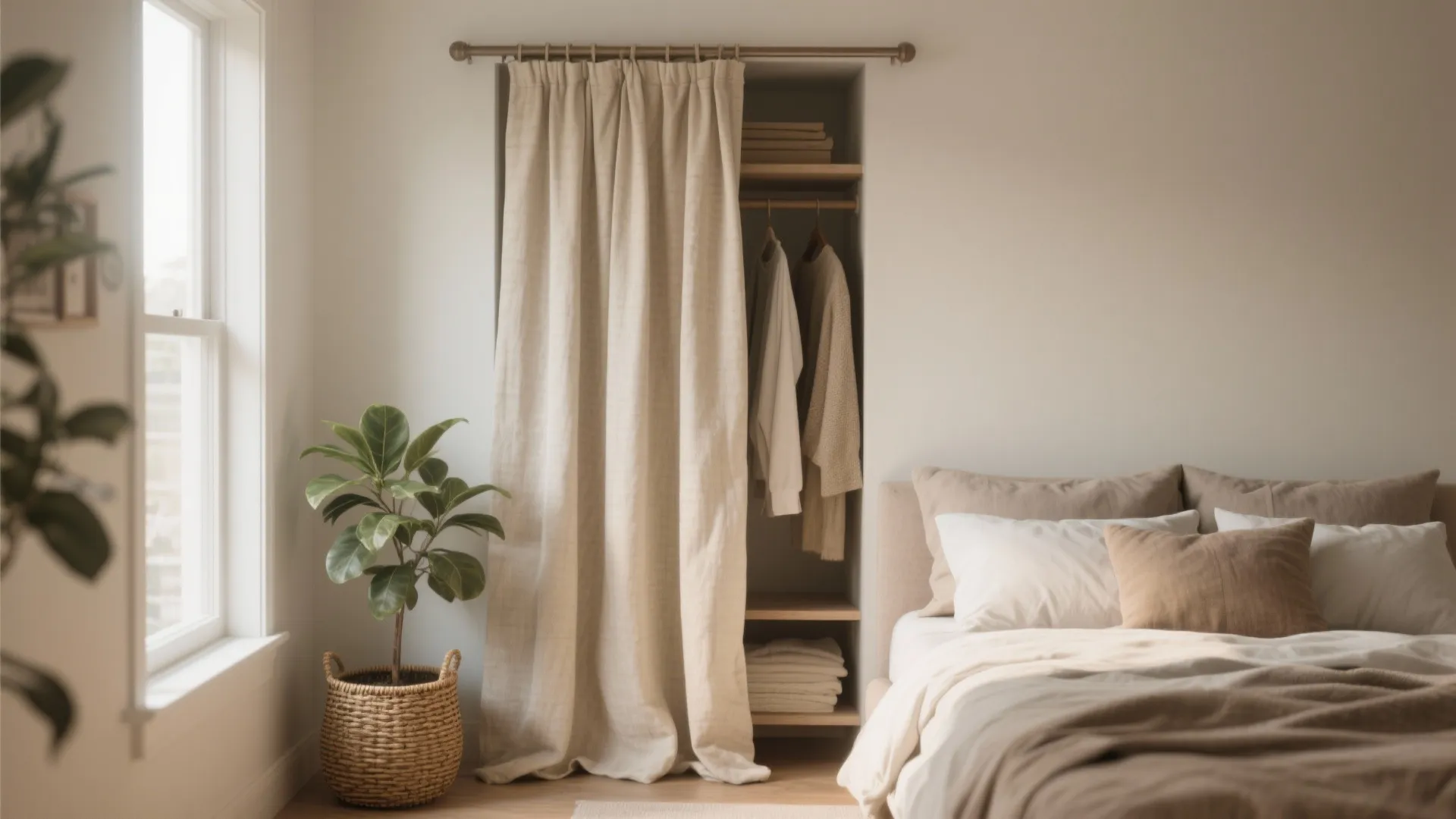 Minimalist bedroom featuring a simple beige curtain used as a door for an open closet