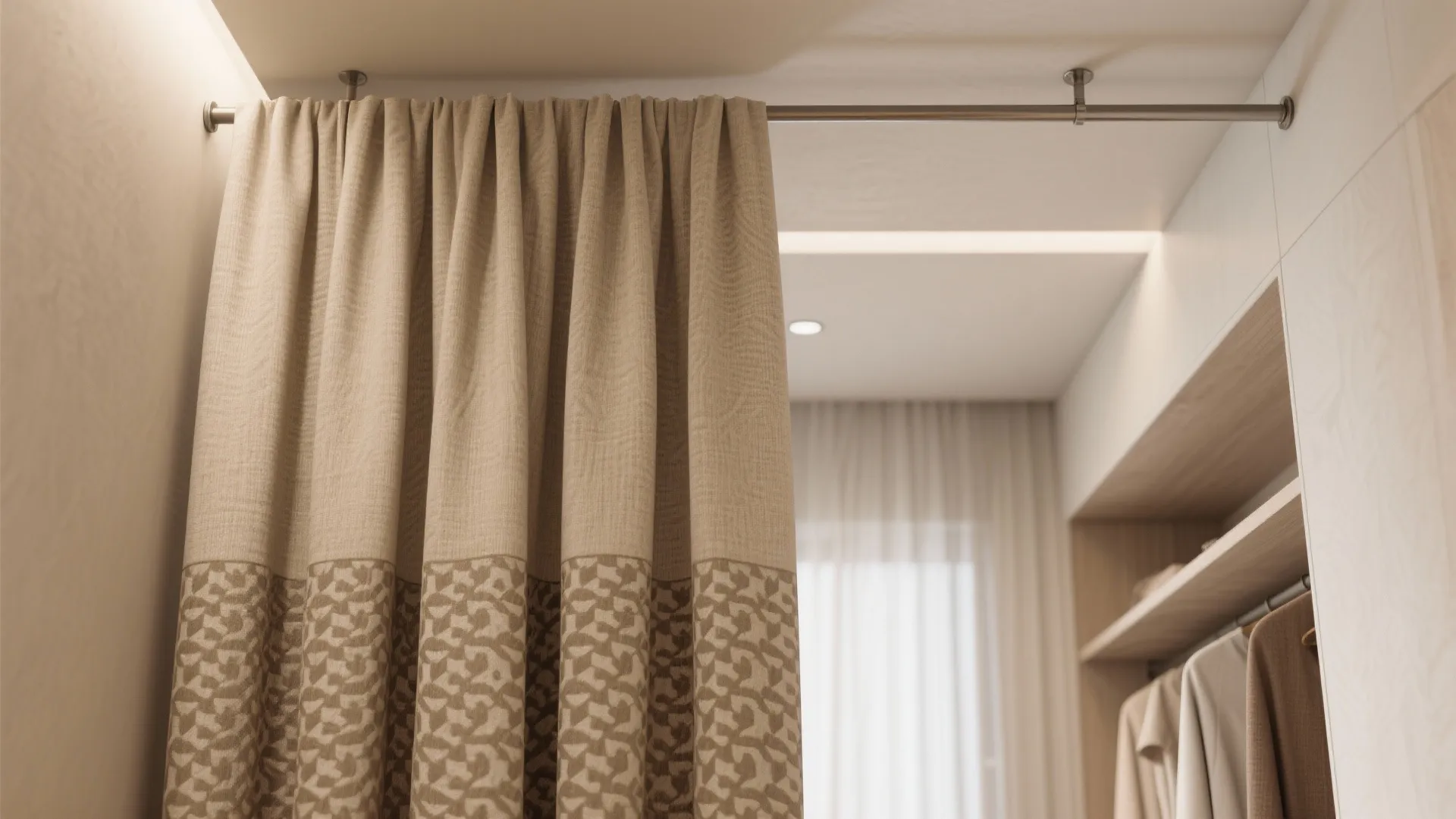 Beige curtain hanging on a metal rod used as a closet door for a wardrobe