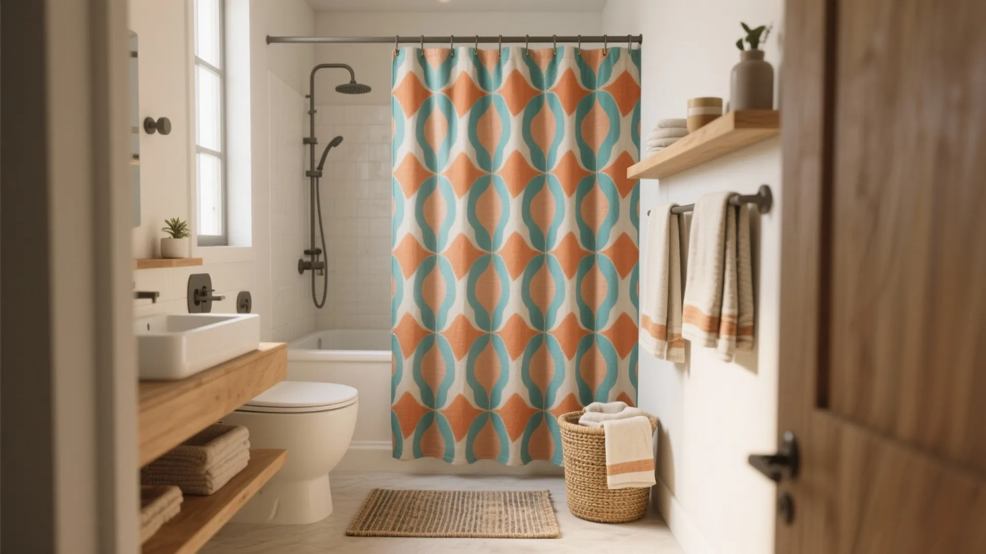 Modern bathroom with orange and blue pattern curtain white toilet wooden shelves and black shower