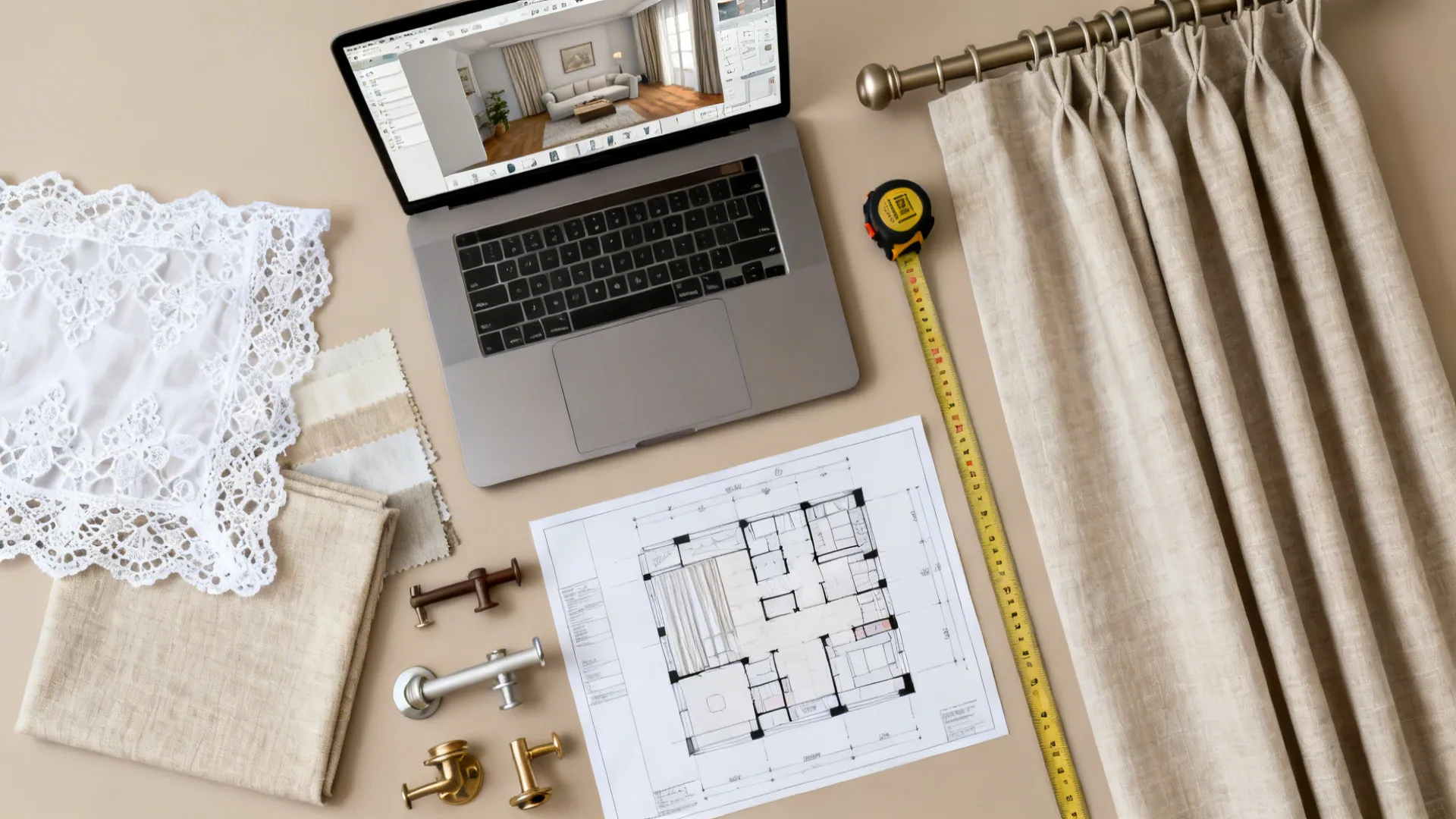 Flatlay of a laptop with a room planner, fabric swatches, measuring tape, and curtain hardware.